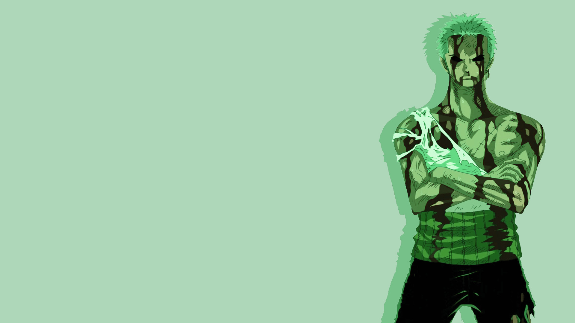 Roronoa Zoro, One Piece, Braccia incrociate, Sfondo verde, Full HD, wallpaper per computer