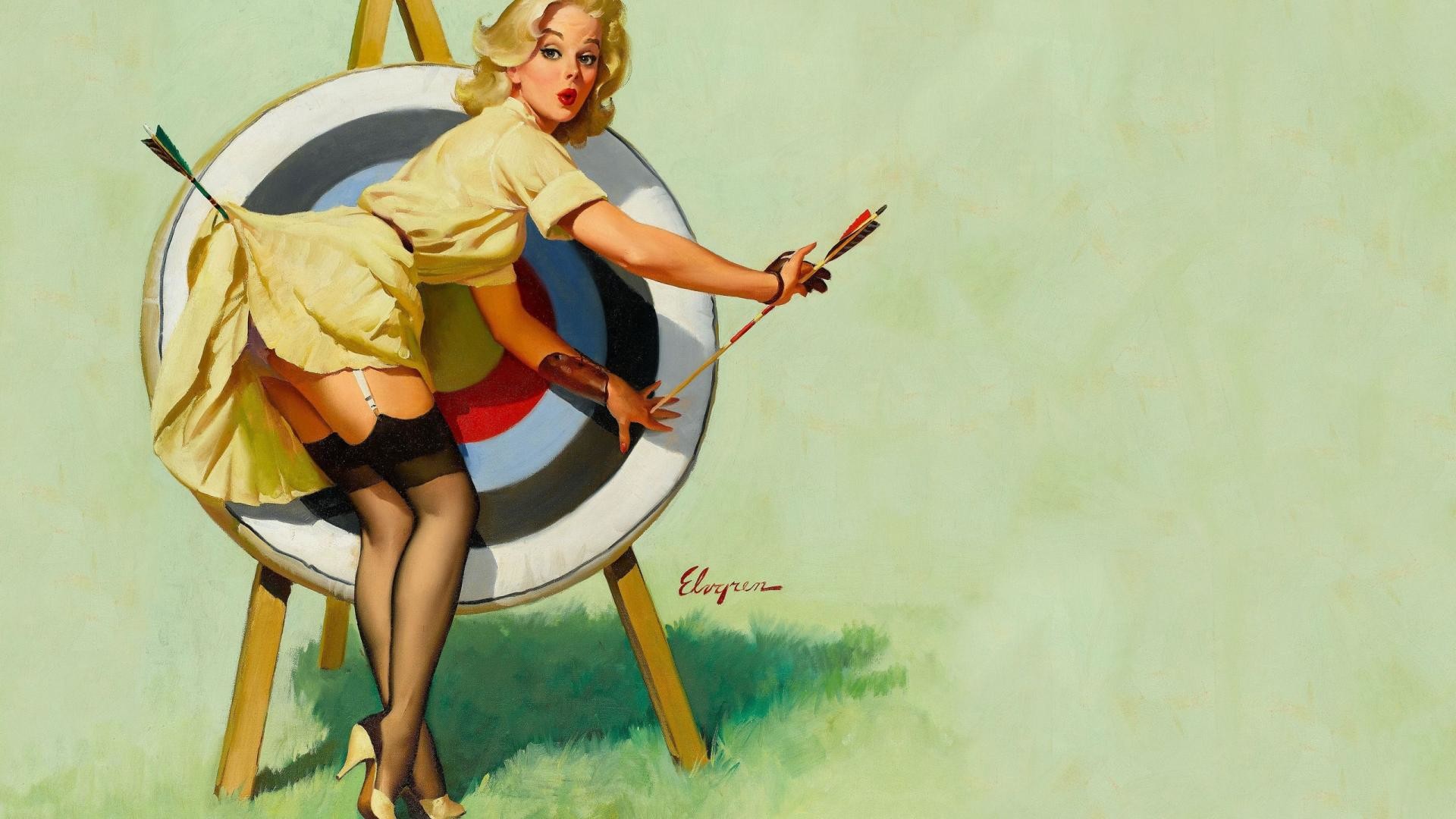 Gil Elvgren, Pin-up, Tiro con l'arco, Bersaglio, Dipinto, Full HD, sfondo per PC e portatile