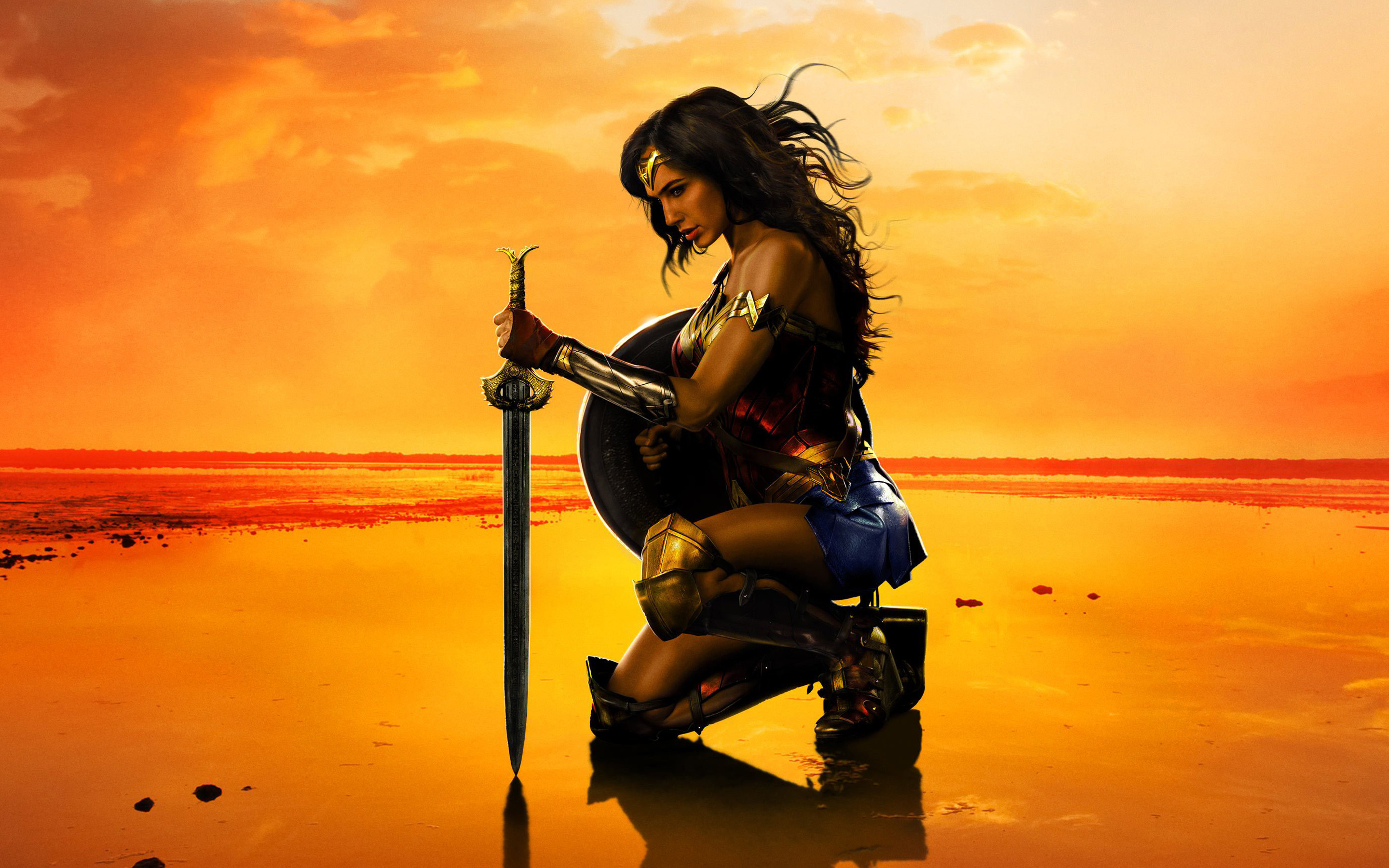 Wonder Woman, Gal Gadot, Wonder Woman (2017), Spada, Tramonto, 16:10 2K, sfondo widescreen