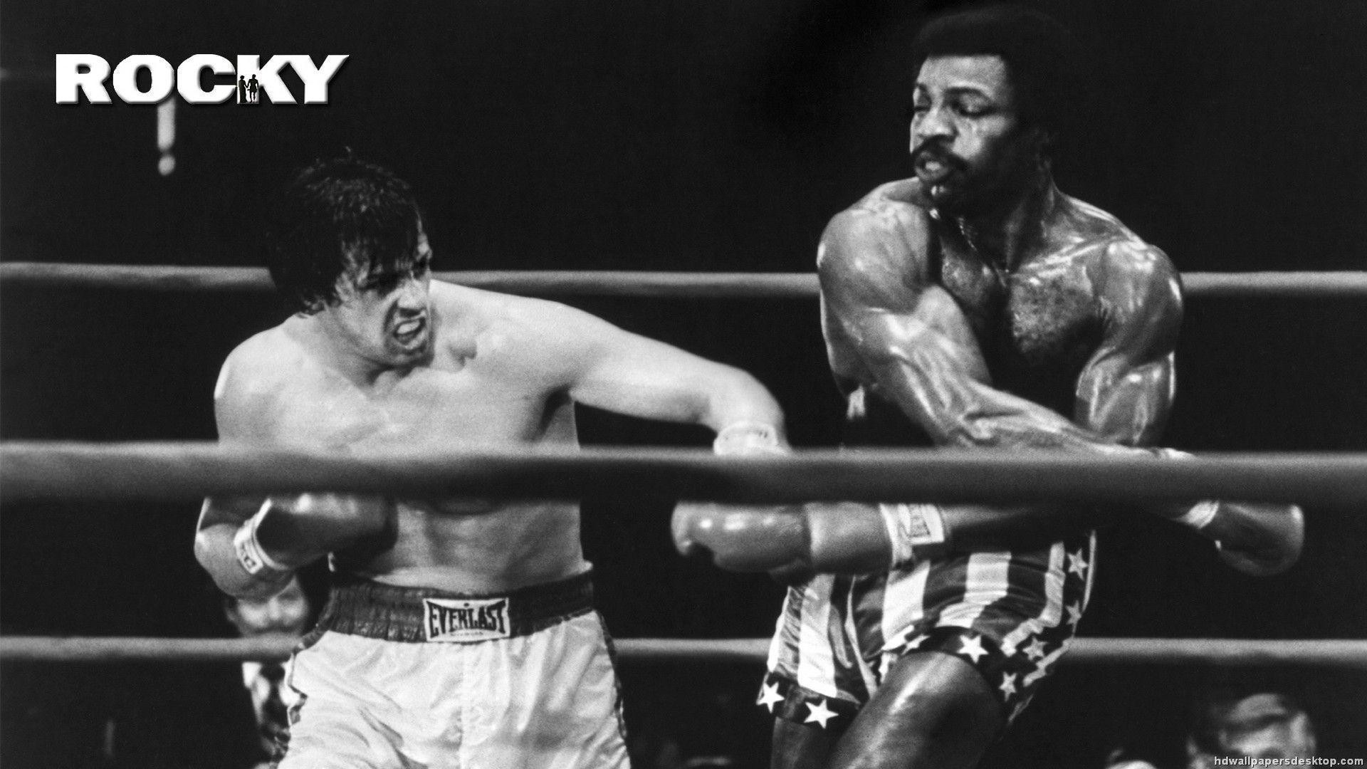 Rocky Balboa, Apollo Creed, Sylvester Stallone, Carl Weathers, Ring, Bianco e nero, immagine di sfondo
