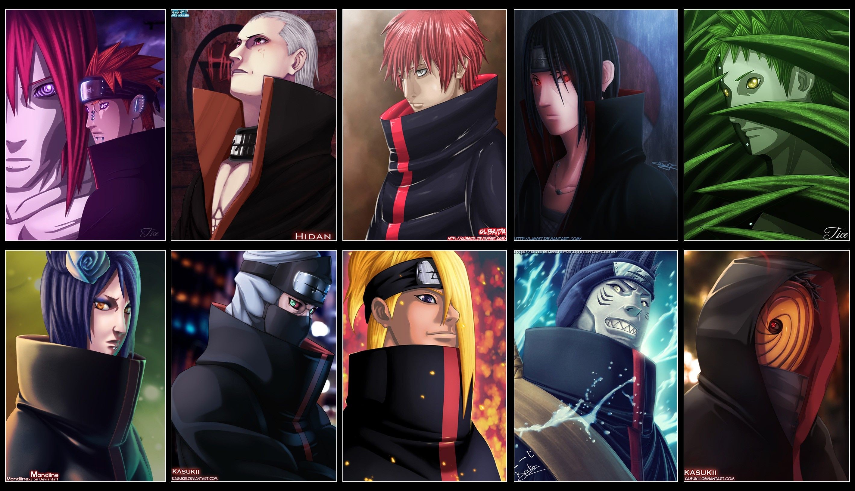 Akatsuki, Pain, Itachi Uchiha, Deidara, Sasori, Naruto Shippuden, Collage, sfondo desktop 2K