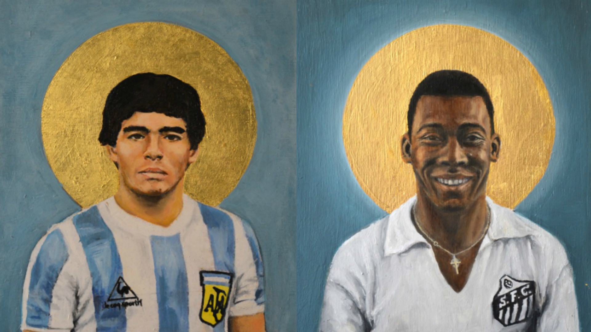 Diego Armando Maradona, Pelé, Aureola, Dipinto, Santos, Full HD, sfondo Windows 11