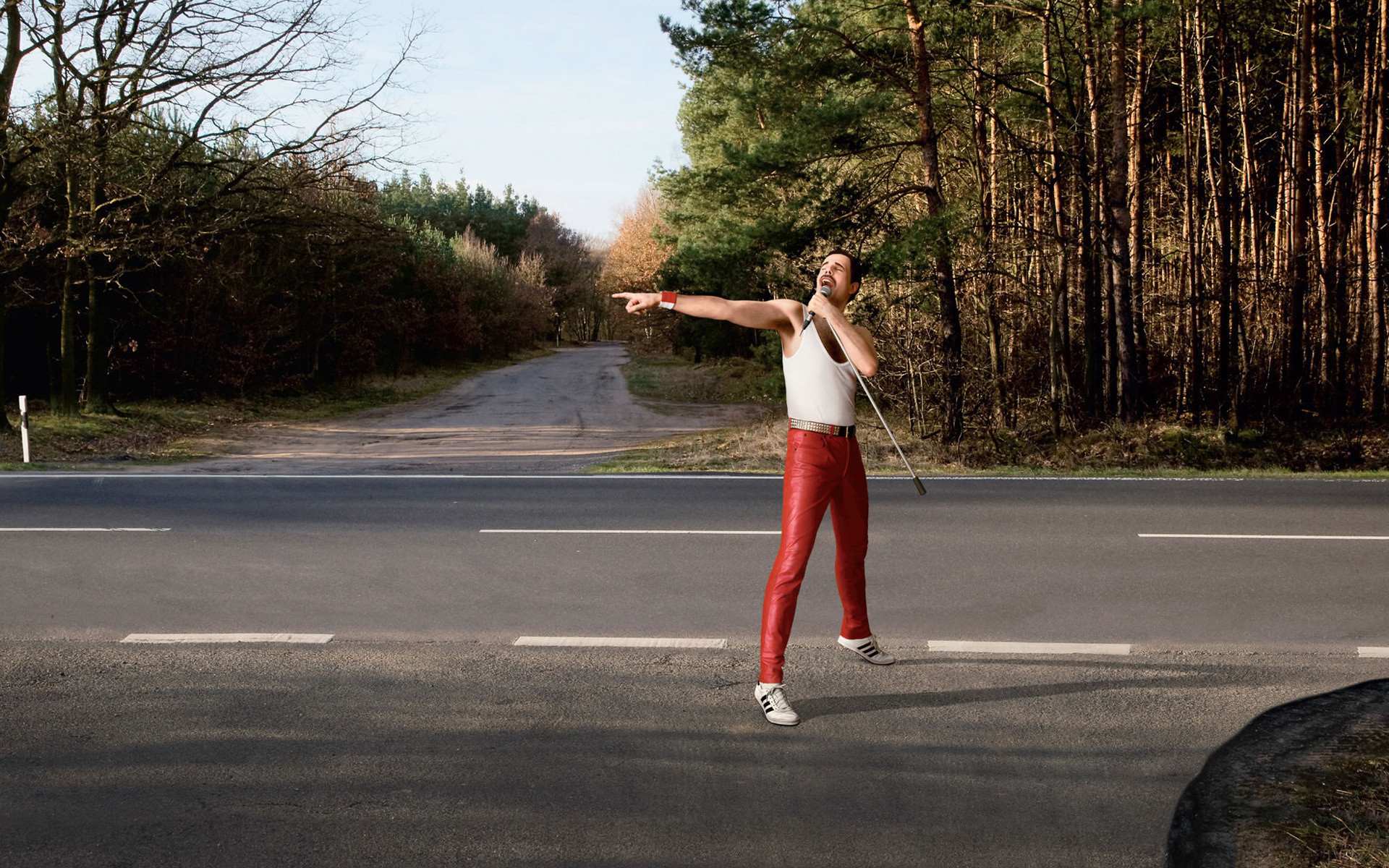 Freddie Mercury, Fotomontaggio, Strada, Foresta, 1920x1200, sfondo per PC