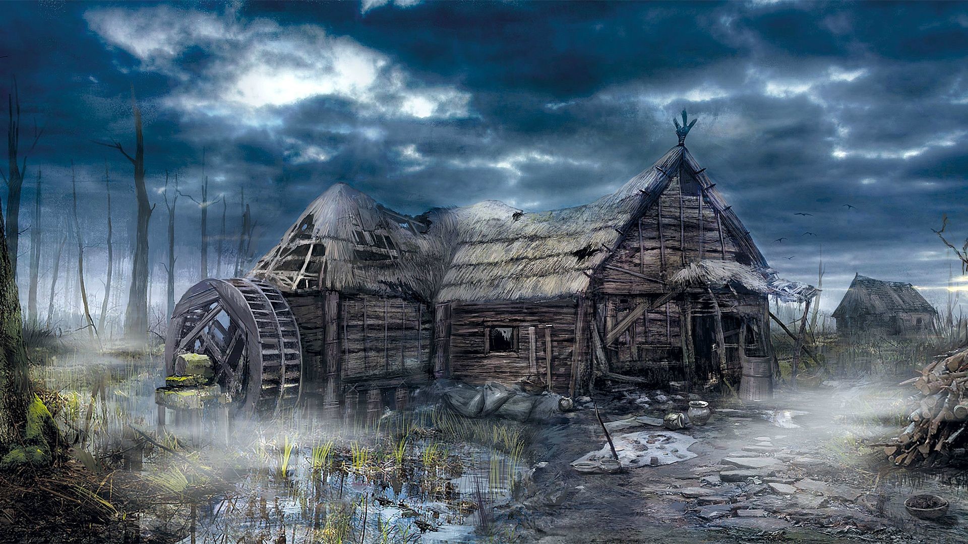 The Witcher 3: Wild Hunt, Mulino, Villaggio, Paesaggio nuvoloso, sfondo Full HD per portatile