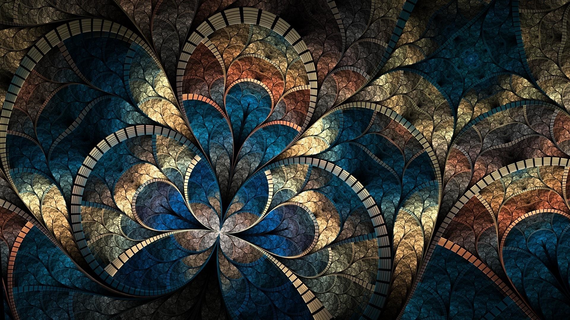 Arte frattale, Motivi floreali, Vetrata, Blu, Oro, Full HD, wallpaper desktop