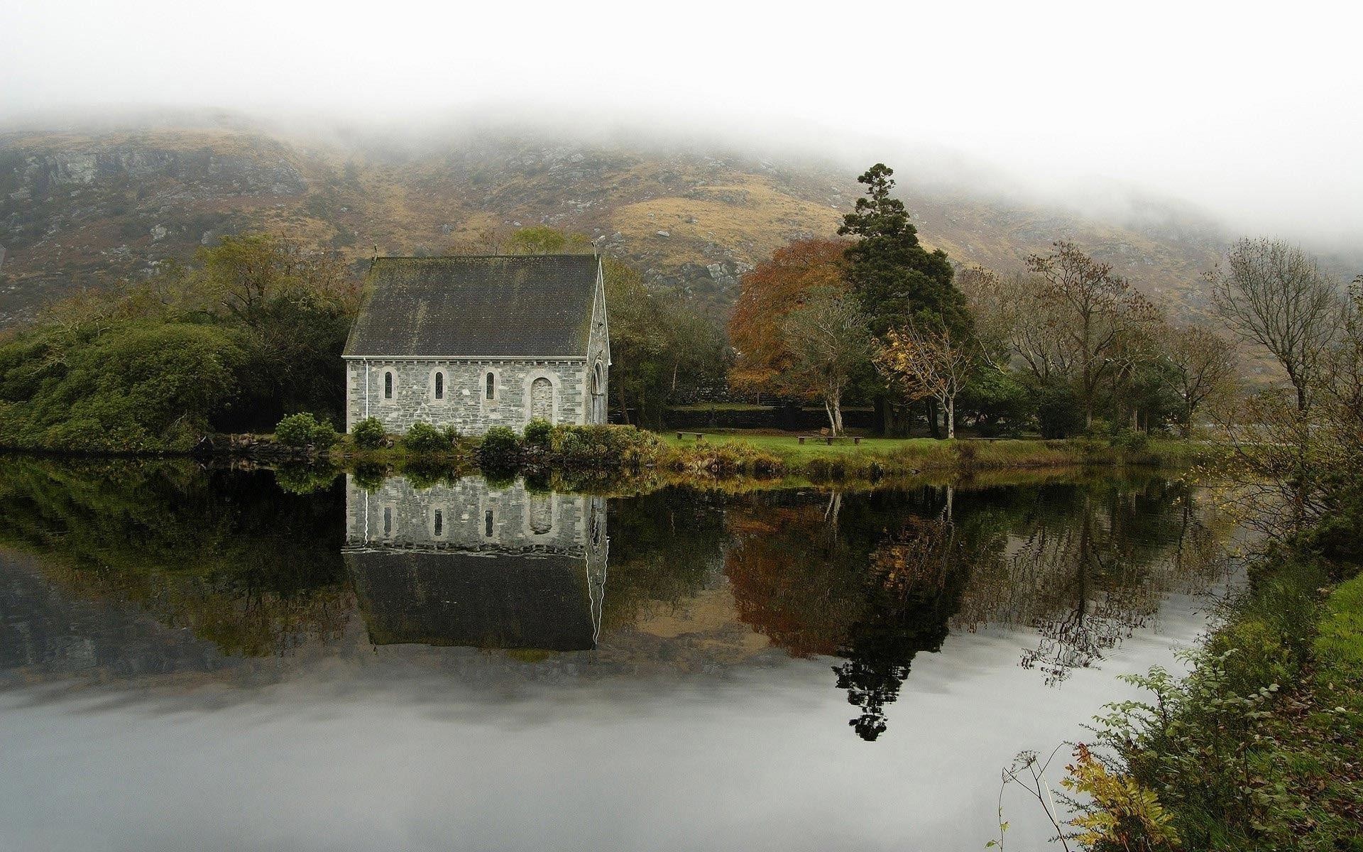 Gougane Barra, Cappella, Irlanda, Lago, Nebbia, 16:10 Full HD, sfondo widescreen