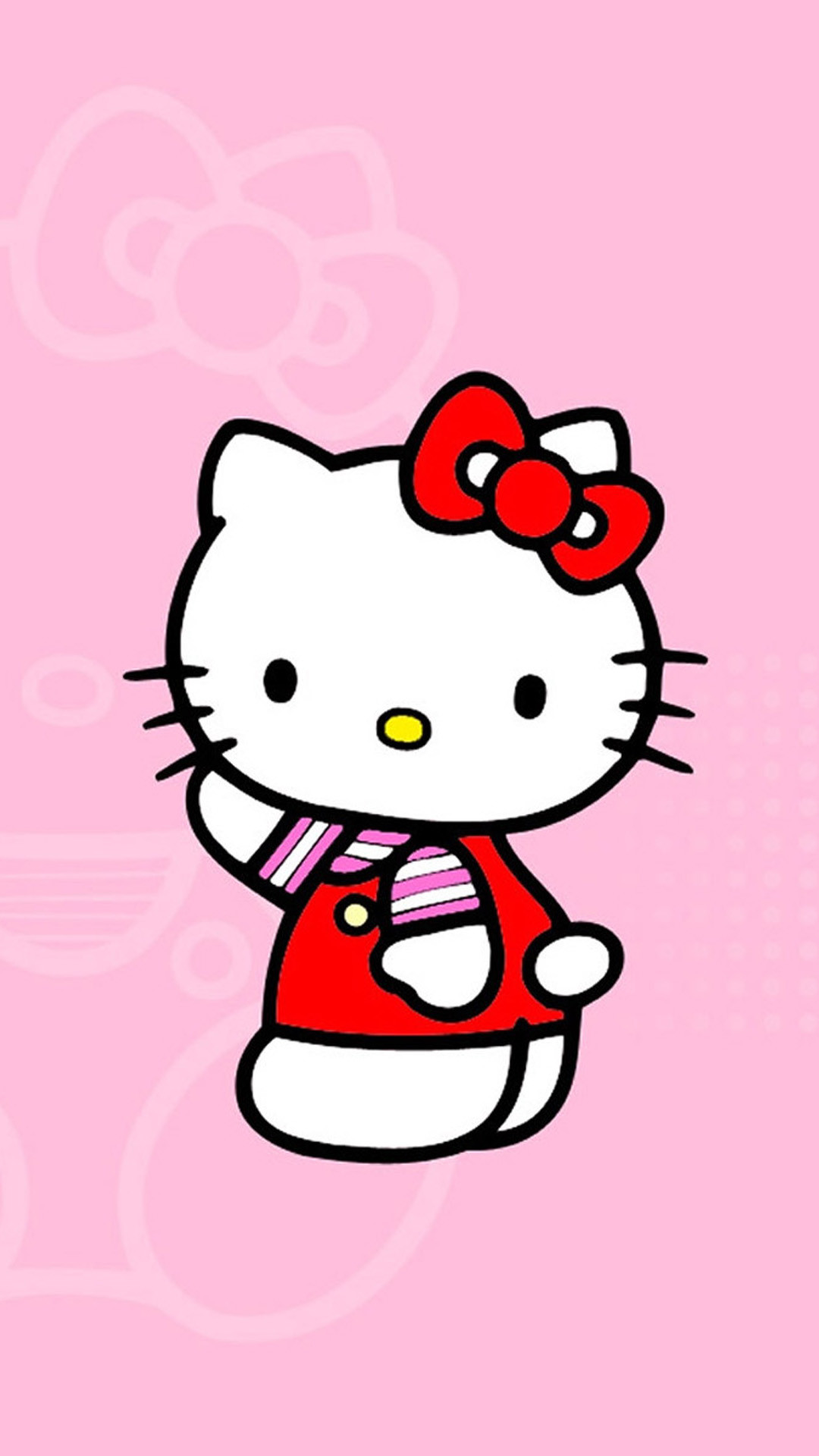 Hello Kitty, Fiocco rosso, Saluto, Rosa pastello, Kawaii, Full HD, schermata di blocco del cellulare