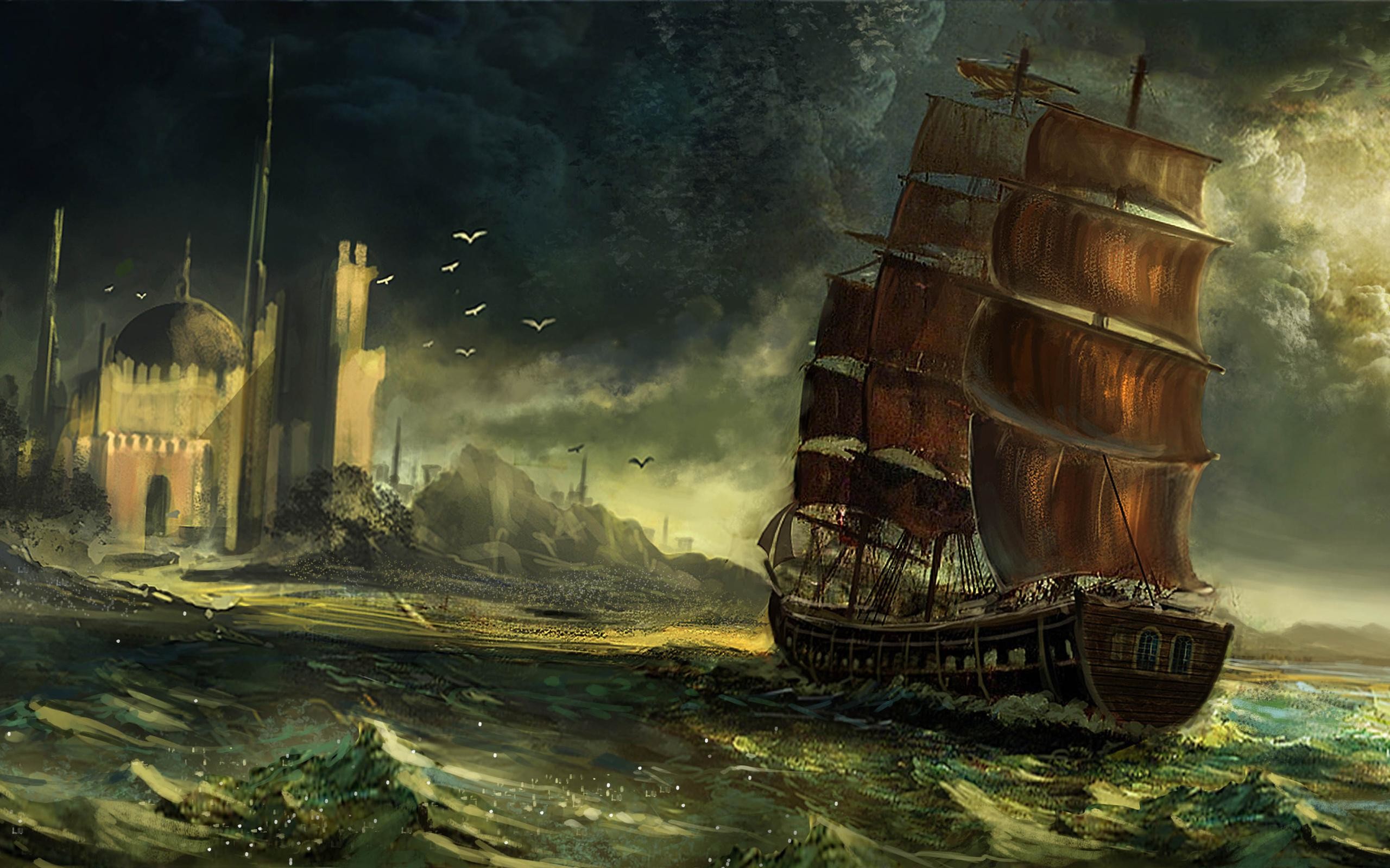 Veliero, Galeone, Mare, Città, Pittura digitale, 2K 1600p, sfondo desktop