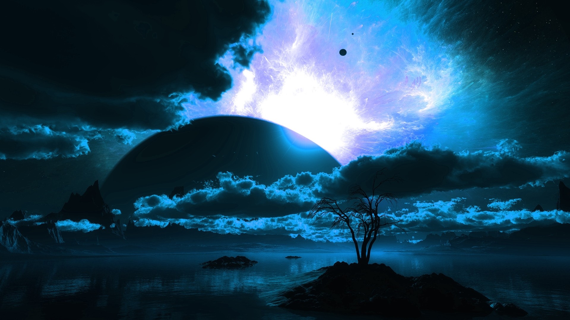 Pianeta, Albero solitario, Isola, Cielo notturno, Blu, Fantascienza, sfondo 16:9 Full HD