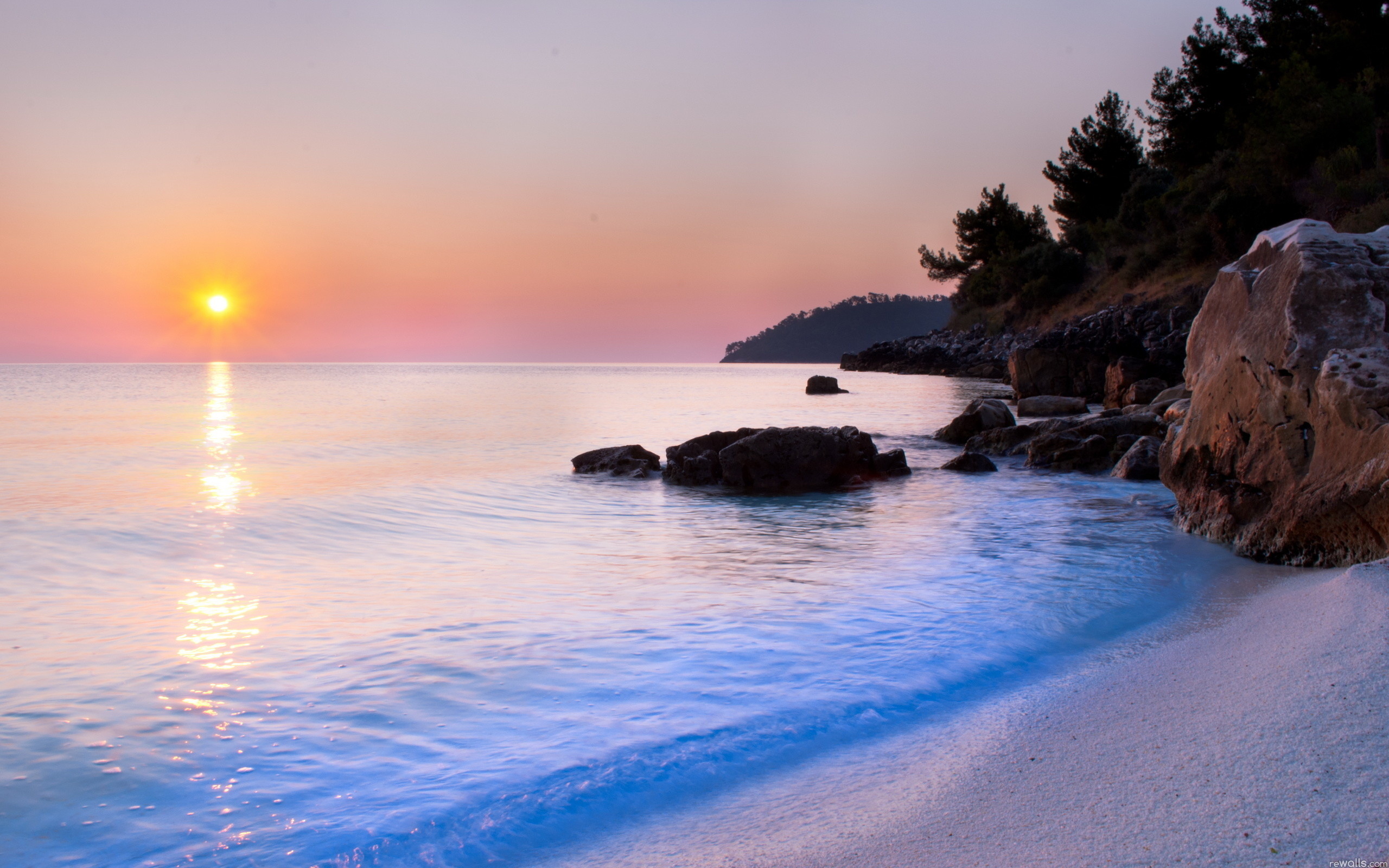 Tramonto, Mare, Spiaggia, Rocce, 2K, sfondo PC