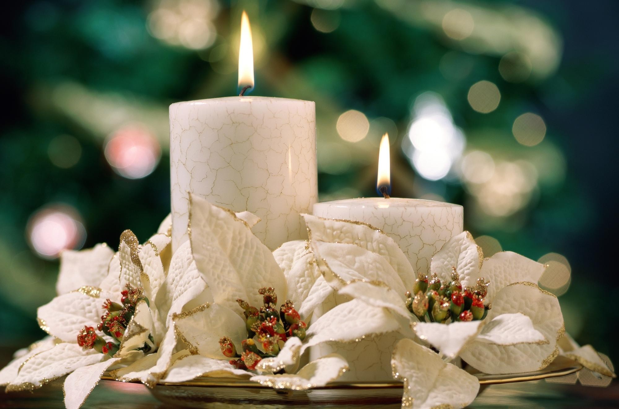 Candele bianche, Stella di Natale, Bokeh, sfondo PC Full HD