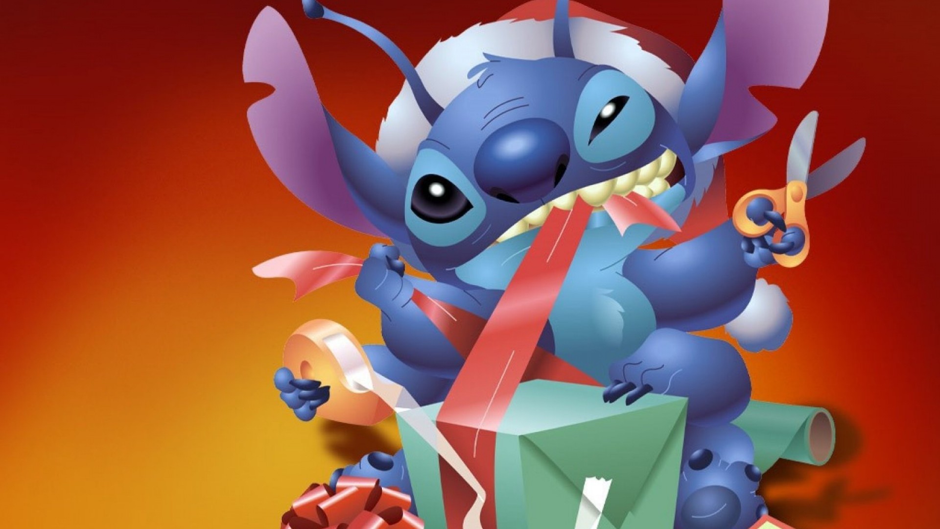 Stitch, Lilo & Stitch, Disney, Natale, Regali, Cappello di Babbo Natale, Sfondo rosso, wallpaper desktop
