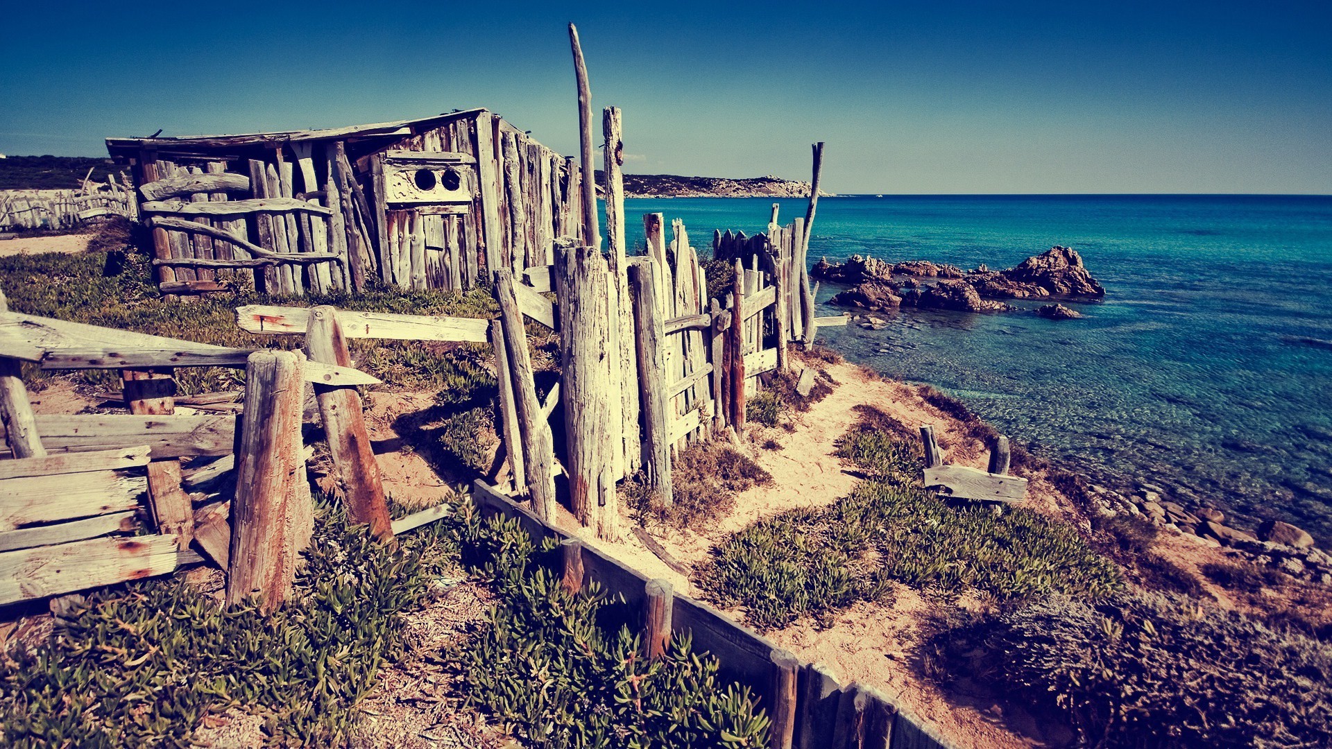 Recinto di legno, Capanno, Mare, Costa, Effetto vintage, 1920x1080, sfondo per PC