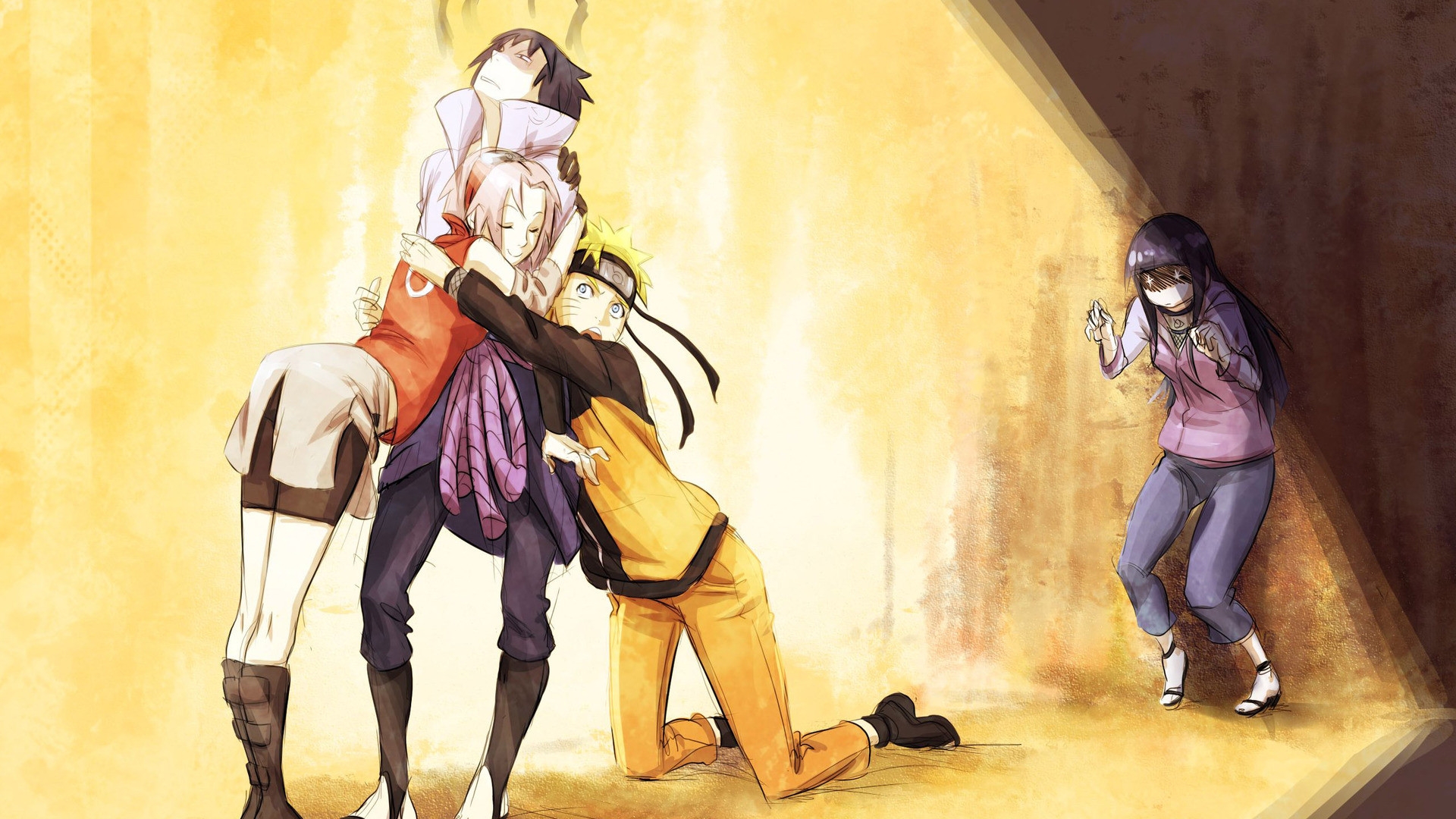 Sakura Haruno, Sasuke Uchiha, Naruto Uzumaki, Hinata Hyuga, Abbraccio, sfondo Full HD per computer