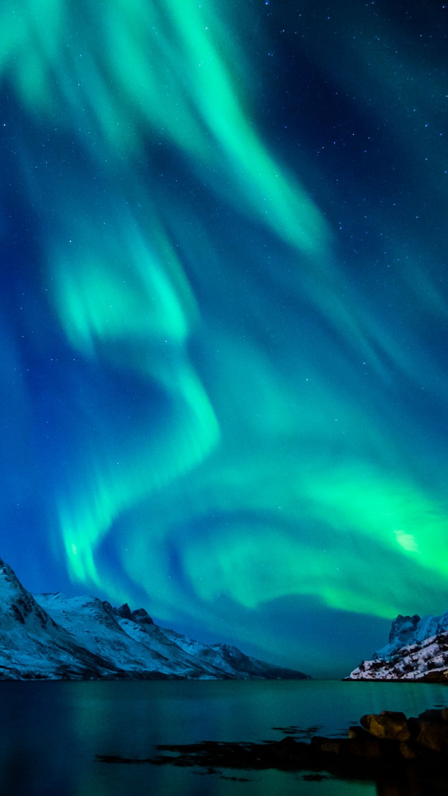 Aurora boreale, Fiordo, Montagne, Notte, Verde, QHD+, wallpaper per smartphone