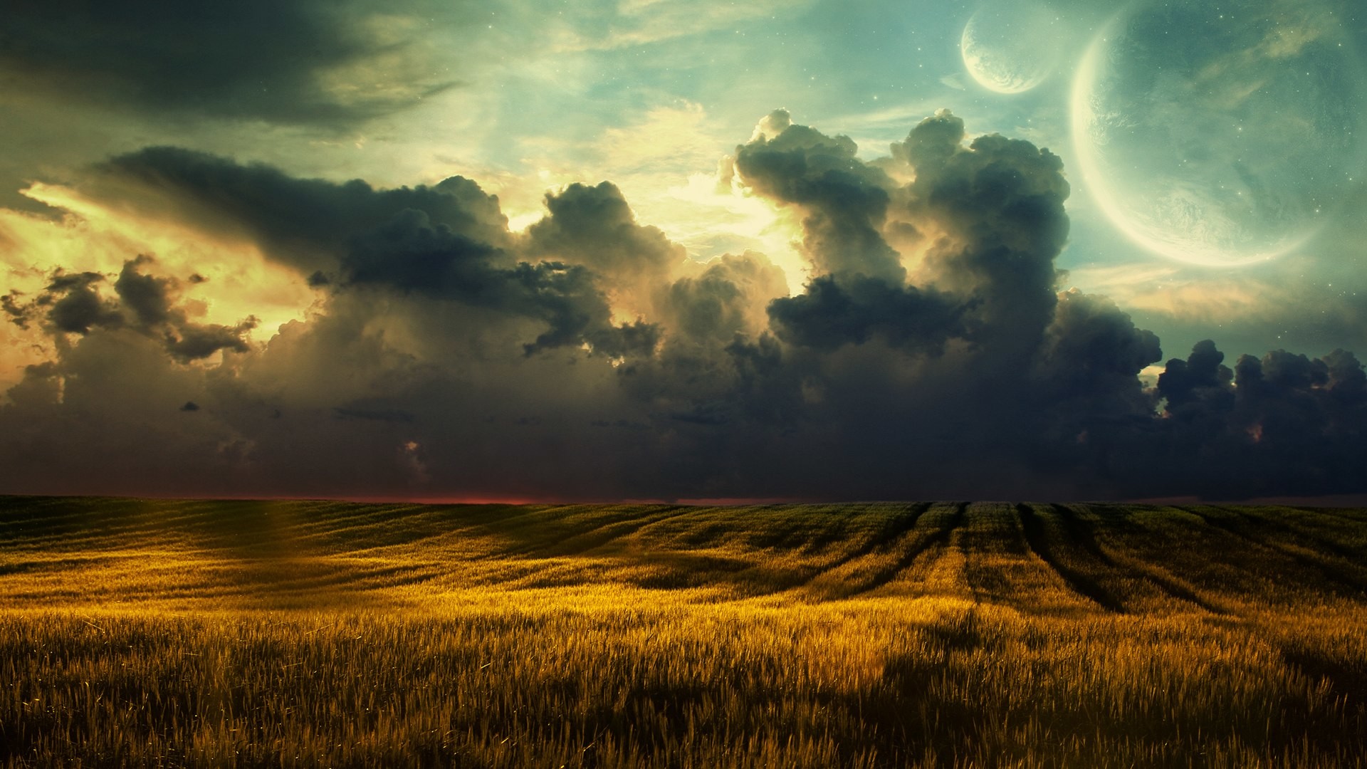 Campo di grano, Pianeta, Nuvole, Fantascienza, Full HD, sfondo per portatile