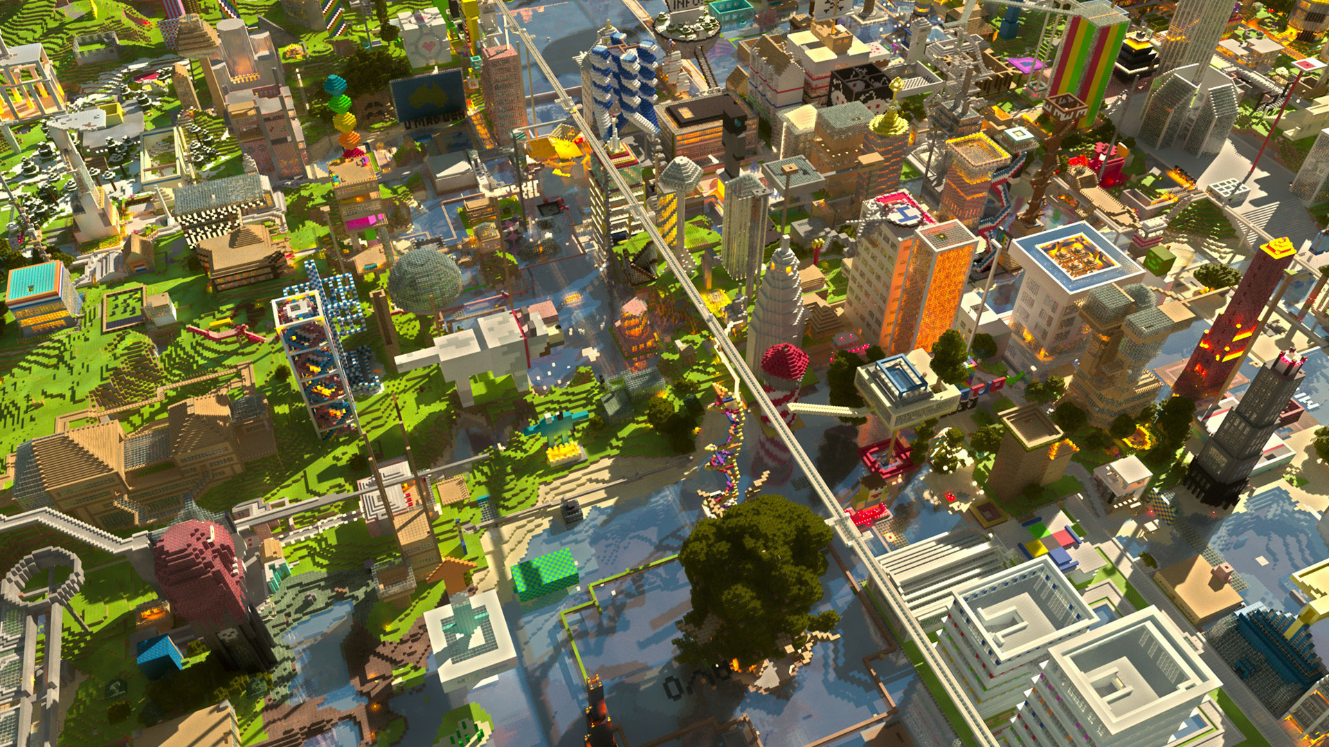 Minecraft, Città, Vista aerea, Edifici, 16:9 Full HD, sfondo widescreen
