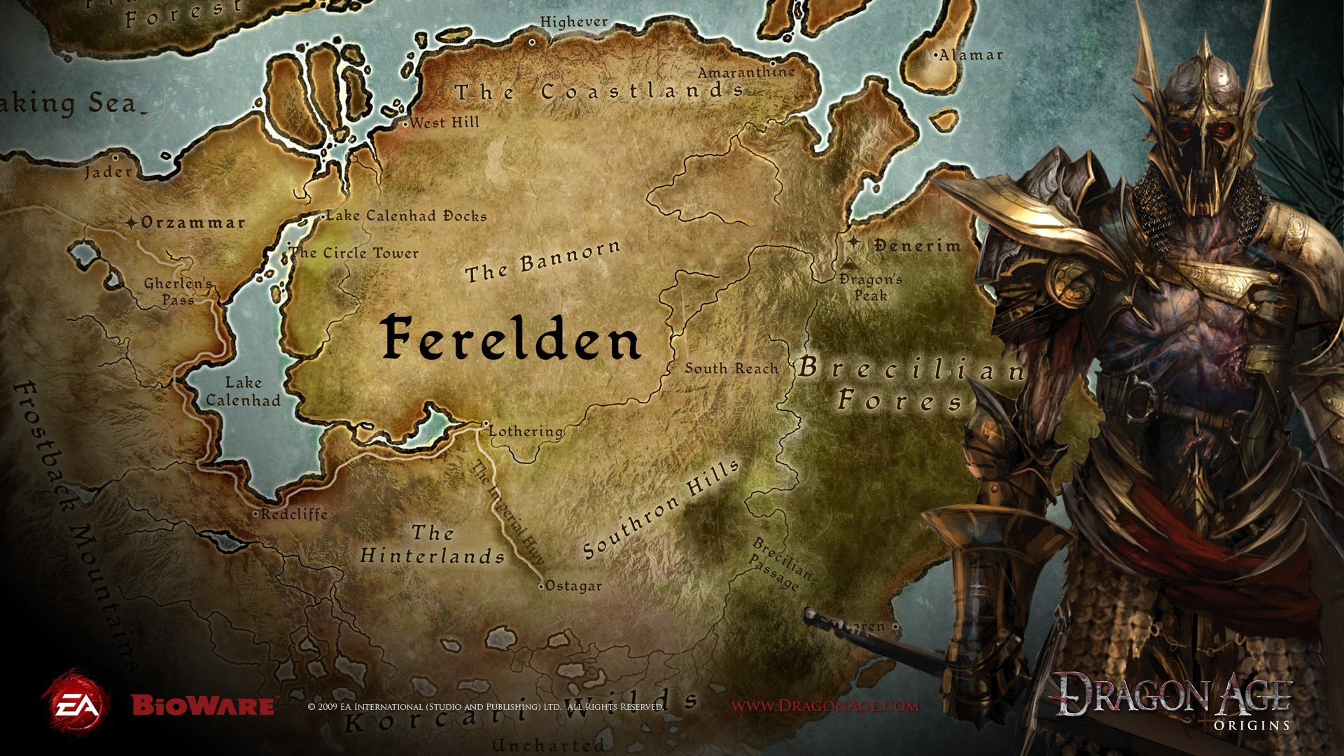 Dragon Age: Origins, Ferelden, Mappa, Thedas, Armatura dorata, 16:9 Full HD, wallpaper widescreen