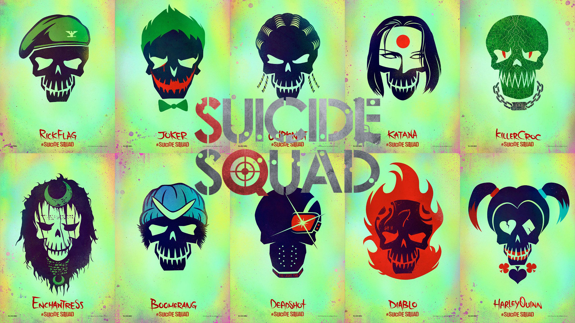 Suicide Squad, Rick Flag, Joker, Katana, Killer Croc, Enchantress, Boomerang, Harley Quinn, immagine di sfondo