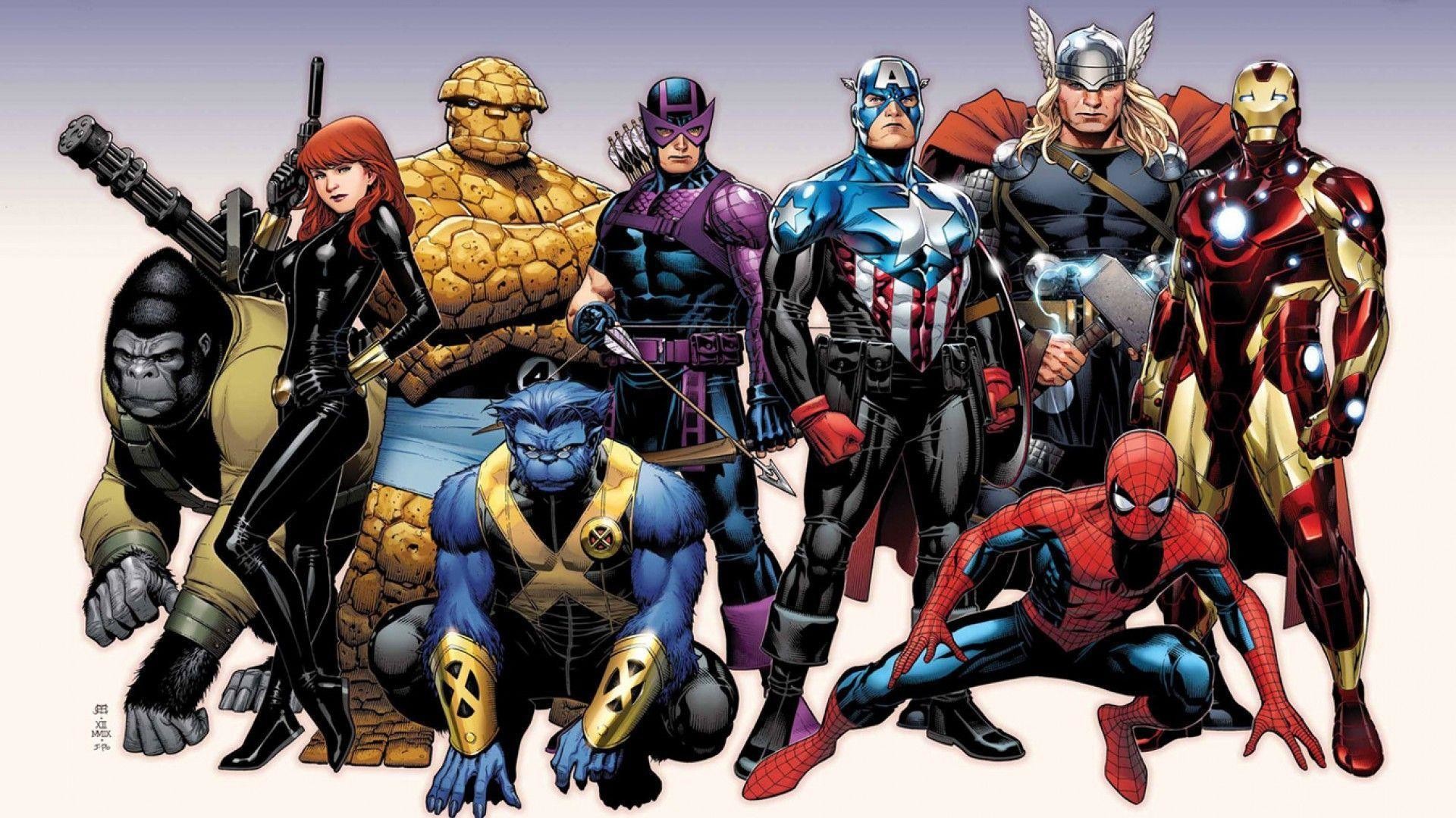 Avengers, Vedova Nera, Cosa, Bestia, Occhio di Falco, Thor, Iron Man, Spider-Man, immagine di sfondo