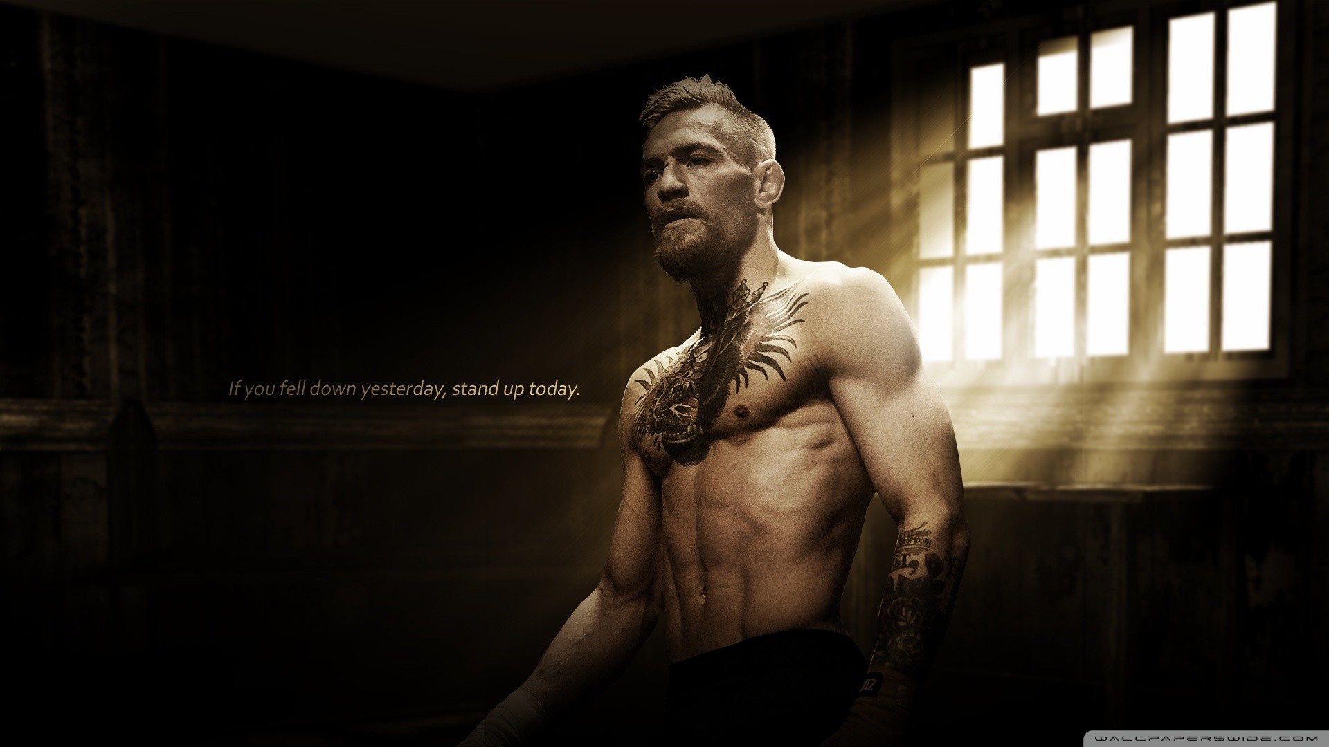 Conor McGregor, Torso nudo, Tatuaggi, Luce dalla finestra, Citazione, sfondo 1920x1080 per PC