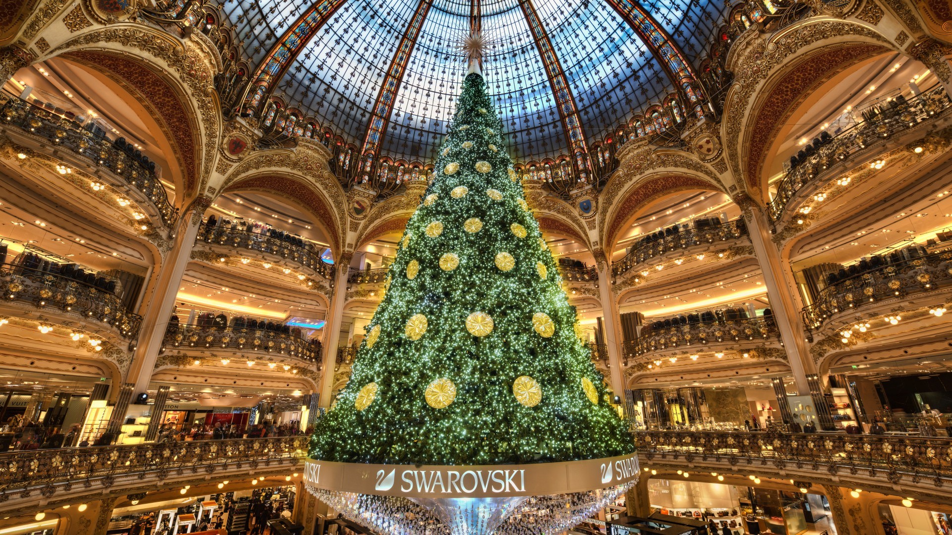 Galeries Lafayette, Albero di Natale, Swarovski, Cupola, Parigi, sfondo desktop Full HD