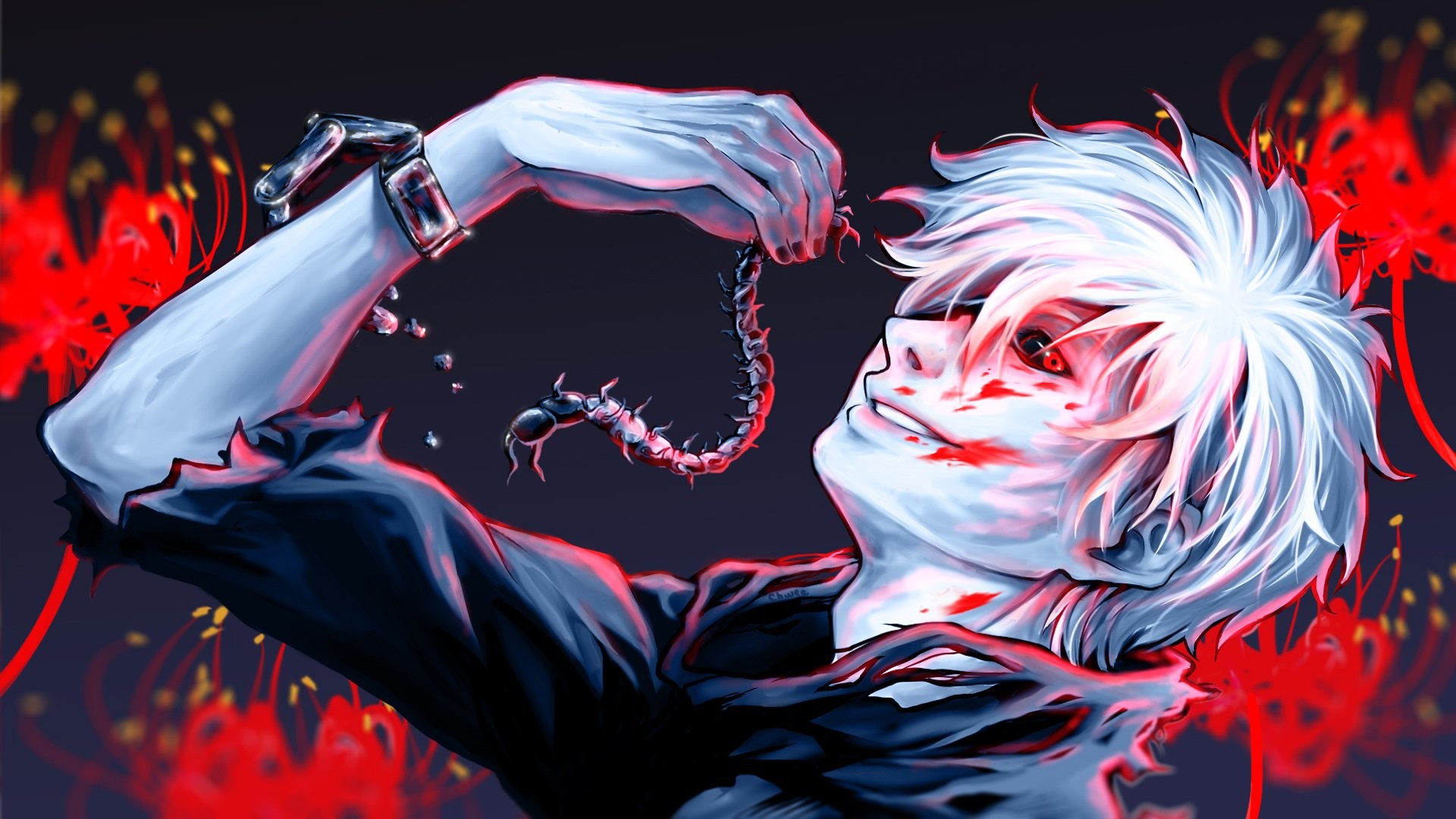 Ken Kaneki, Tokyo Ghoul, Millepiedi, Fiori rossi, Full HD, sfondo desktop