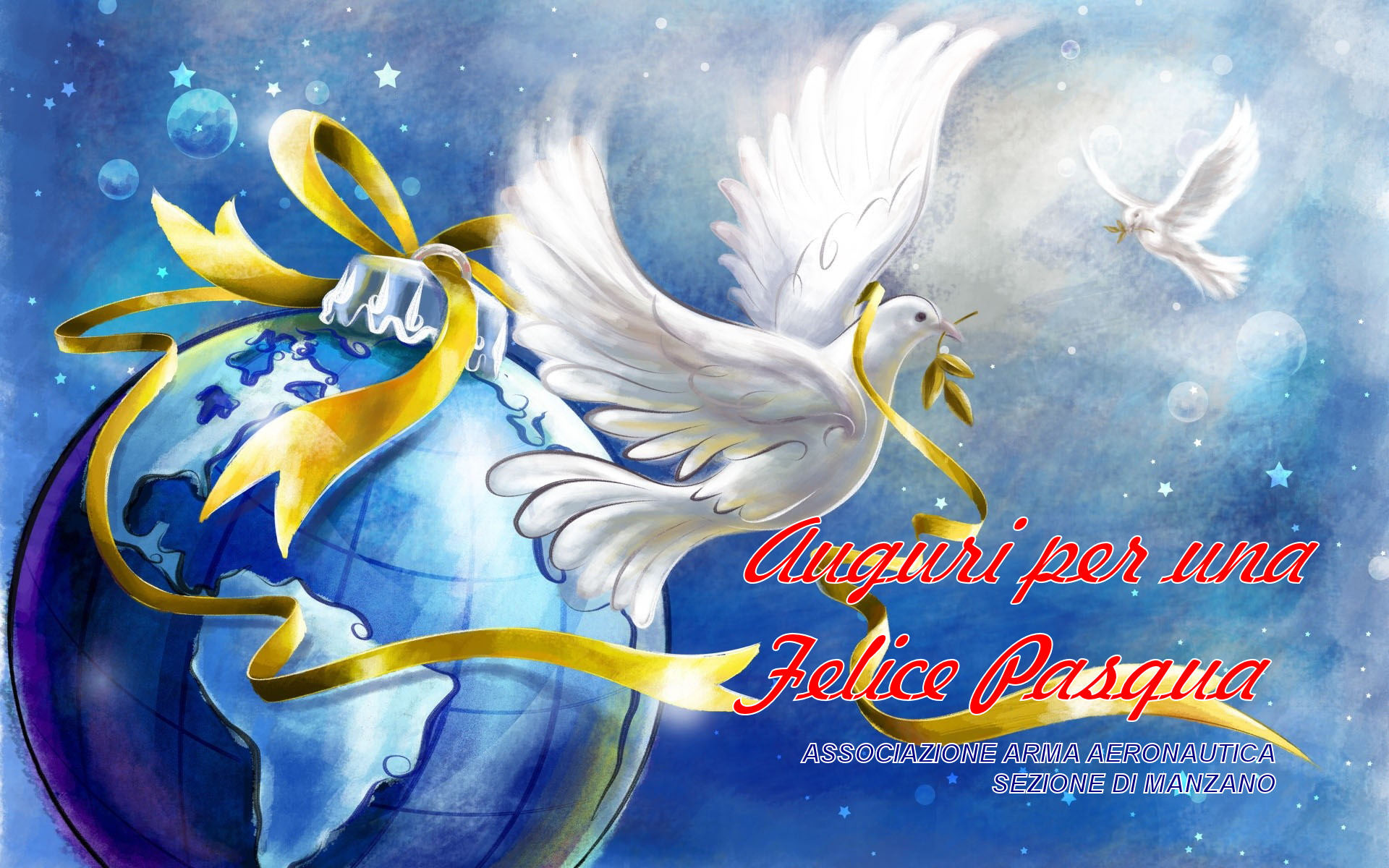 Auguri per una Felice Pasqua, Colomba della pace, Mappamondo, Nastro dorato, sfondo Full HD