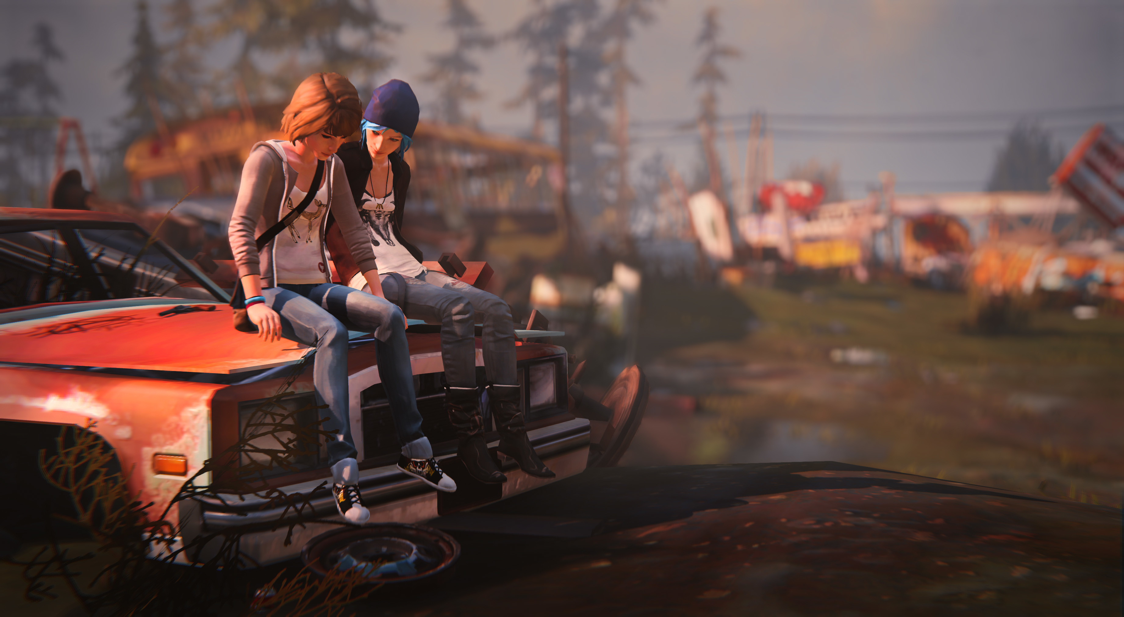 Max Caulfield, Chloe Price, Life is Strange, Discarica, Auto, 2K, sfondo Windows 11