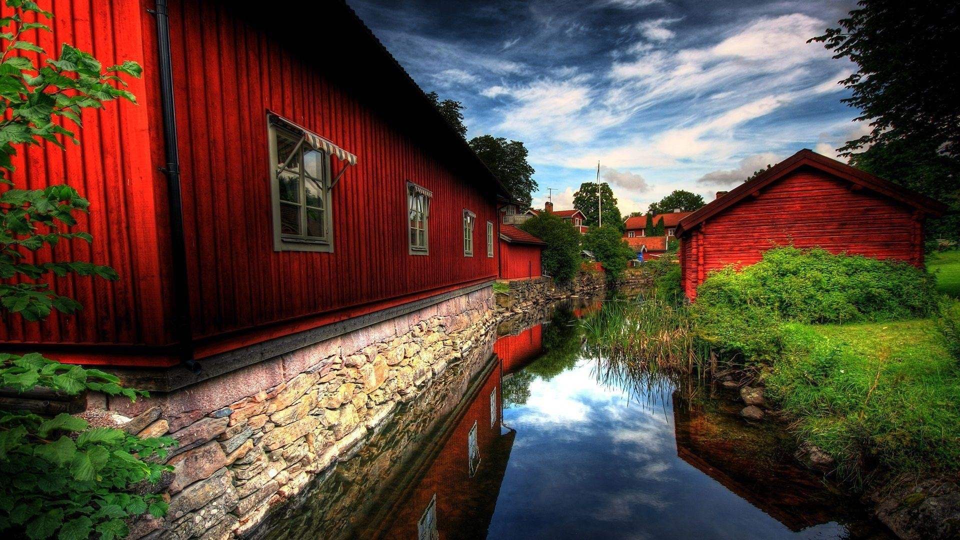 Case rosse, Canale, Svezia, Riflesso, HDR, Full HD, sfondo desktop