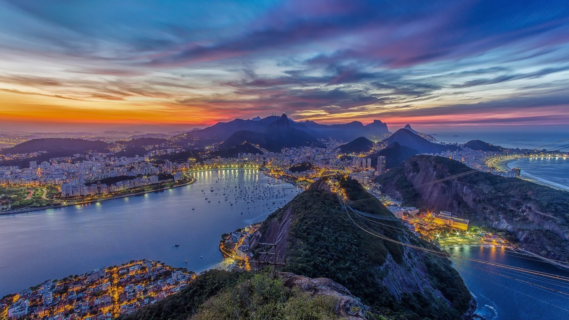 Pan di Zucchero, Rio de Janeiro, Brasile, Tramonto, Baia, 1920x1080, wallpaper desktop