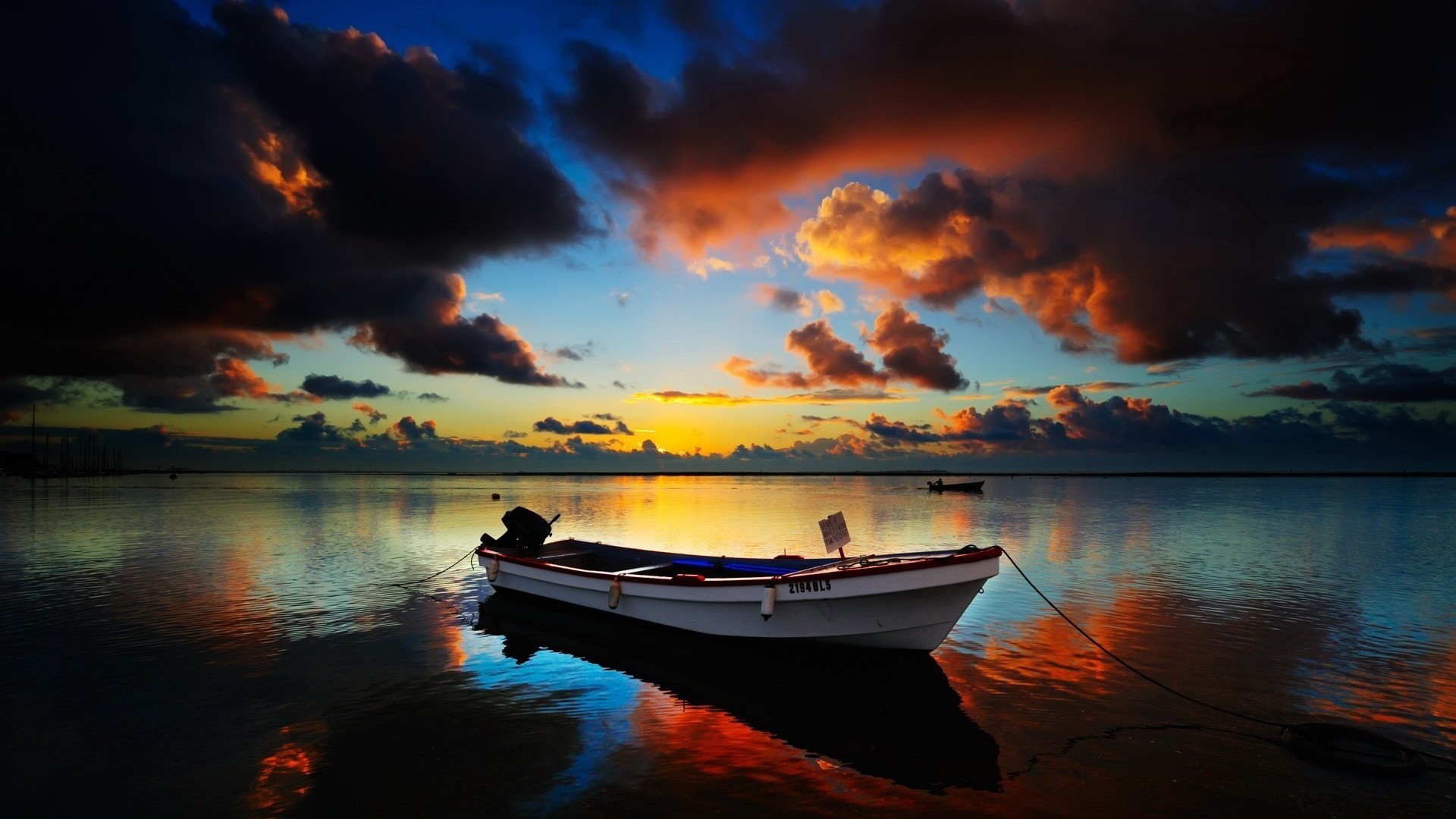 Barca, Tramonto, Nuvole, Mare, Full HD, sfondo per PC e portatile