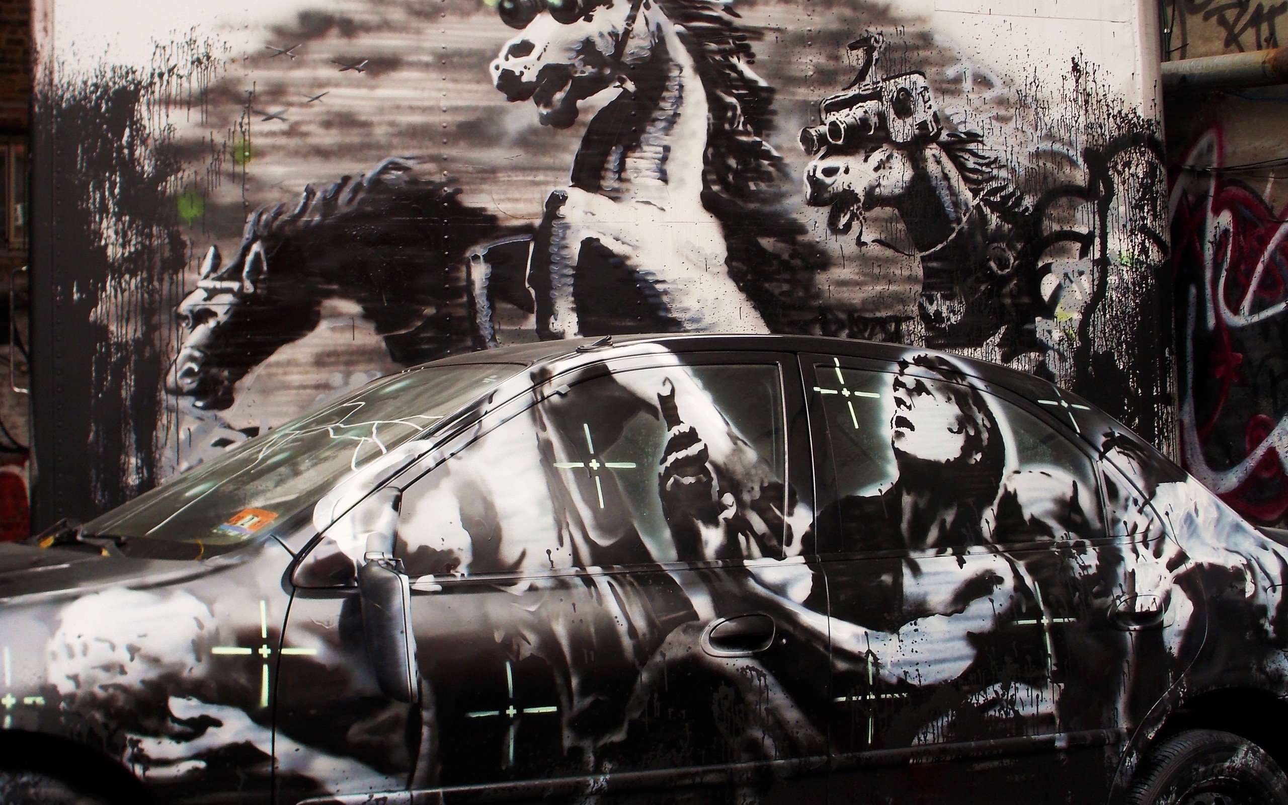 Banksy, Cavalli, Auto, Graffiti, 2K, sfondo per PC e portatile