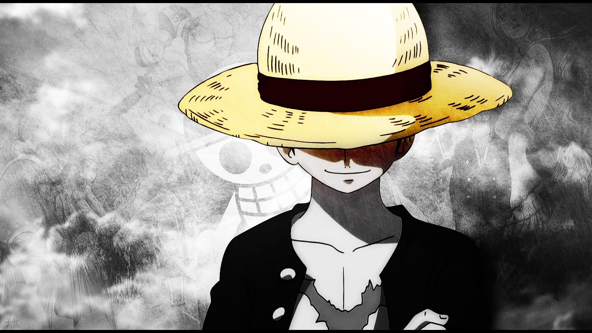 Monkey D. Luffy, Cappello di paglia, One Piece, Bianco e nero, Full HD, sfondo per portatile