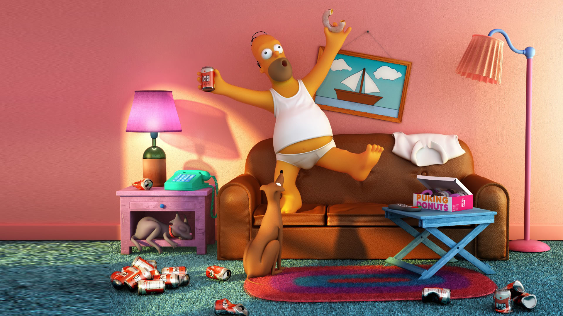Homer Simpson, I Simpson, Divano, Rendering 3D, 1920x1080, sfondo per PC