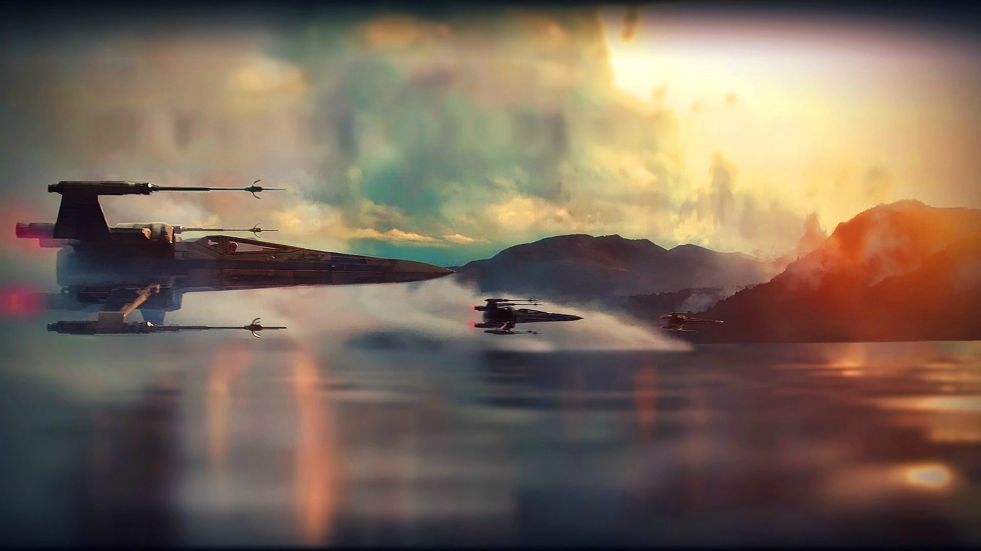 X-wing, Il risveglio della Forza, Star Wars, Lago, Tramonto, Full HD, sfondo per PC e portatile
