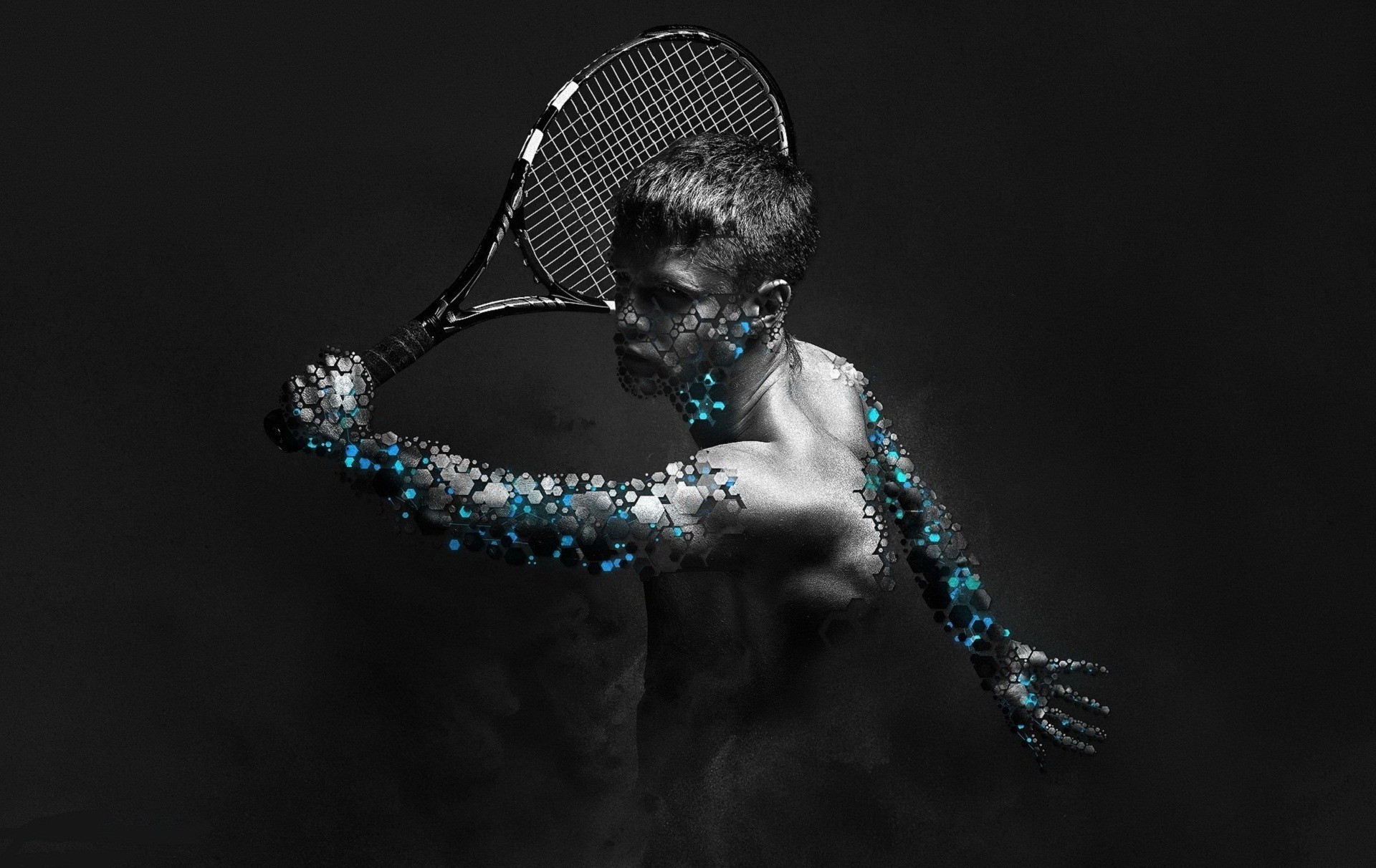Tennista, Racchetta, Arte digitale, Sfondo nero, Full HD, wallpaper per portatile