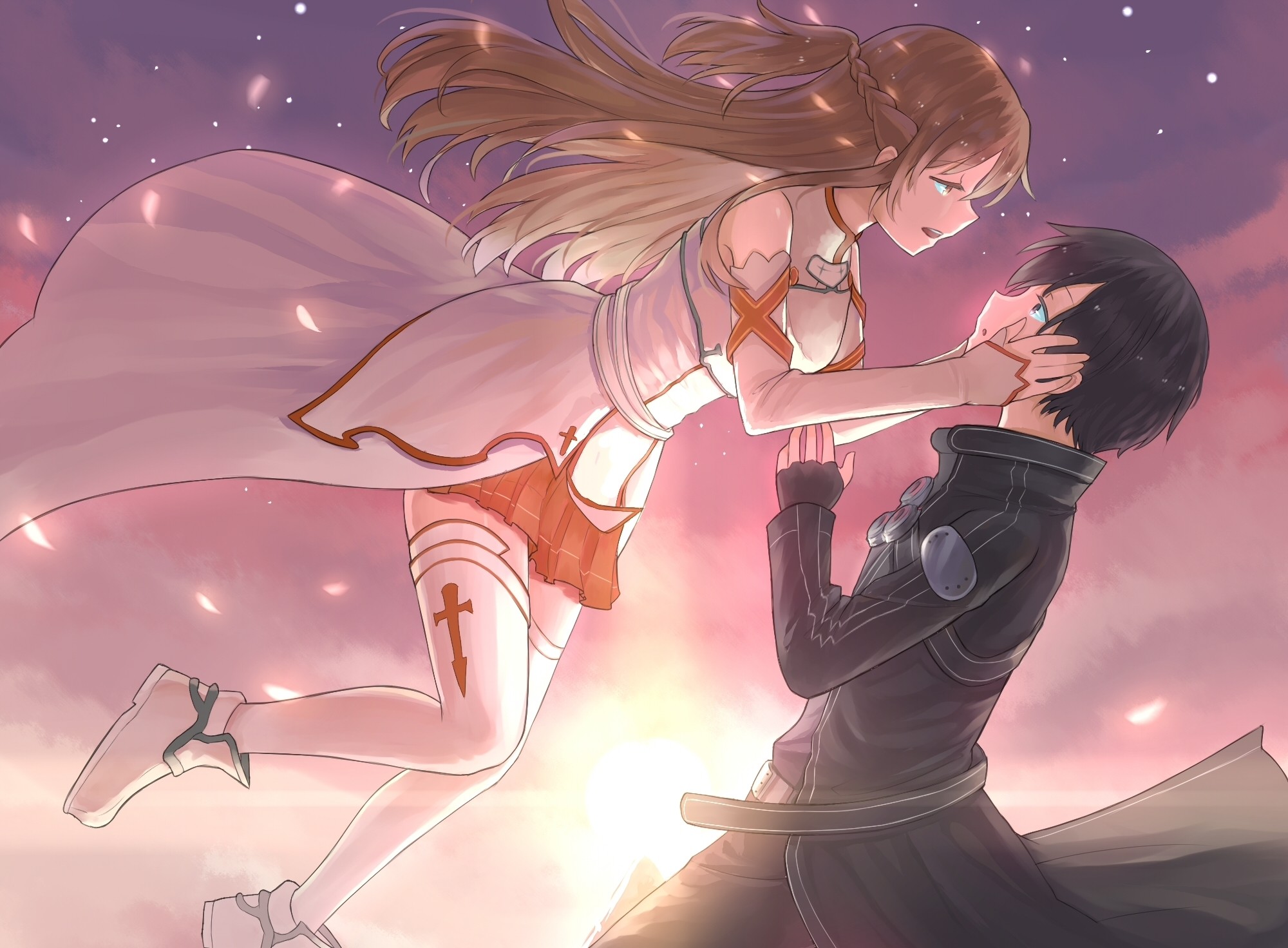 Asuna, Kirito, Sword Art Online, Abbraccio, Toni rosa, Full HD, sfondo desktop