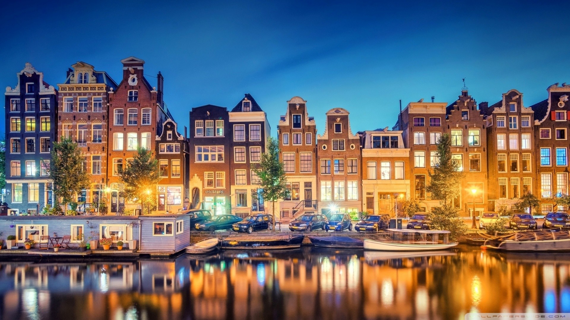 Amsterdam, Amstel, Case sul canale, Notte, Luci della città, Full HD 1080p, sfondo desktop