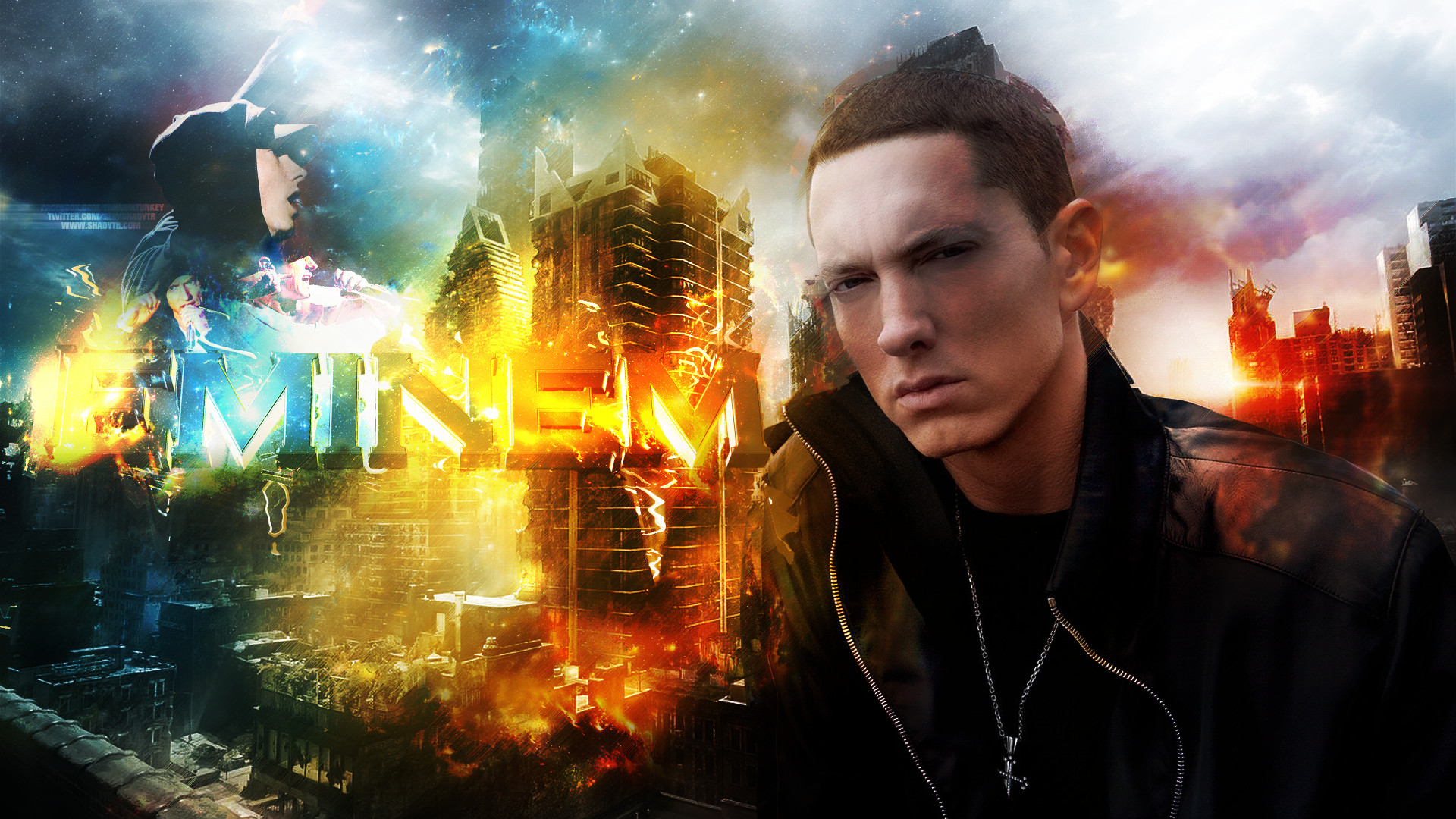 Eminem, Logo, Città in fiamme, Arte digitale, Full HD 1080p, sfondo desktop