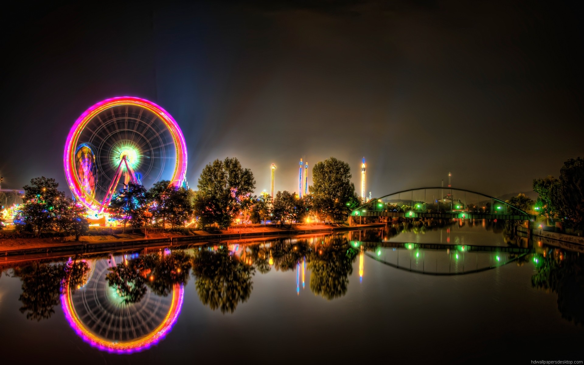 Ruota panoramica, Luci, Notte, Riflesso, Fiume, Full HD, immagine di sfondo Mac