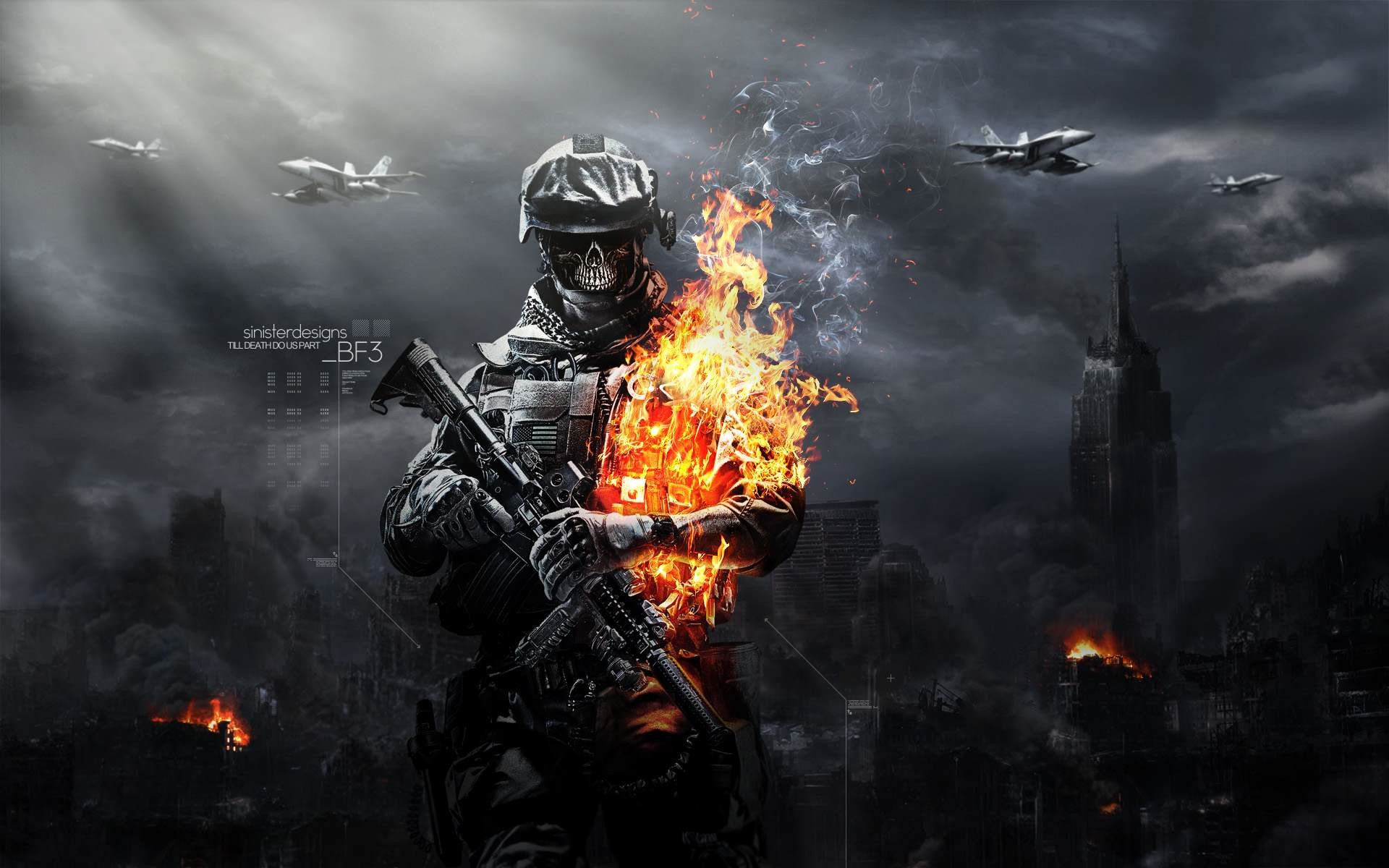 Battlefield 3, Soldato con maschera teschio, Fiamme, Città in rovina, sfondo 1920x1200 per PC