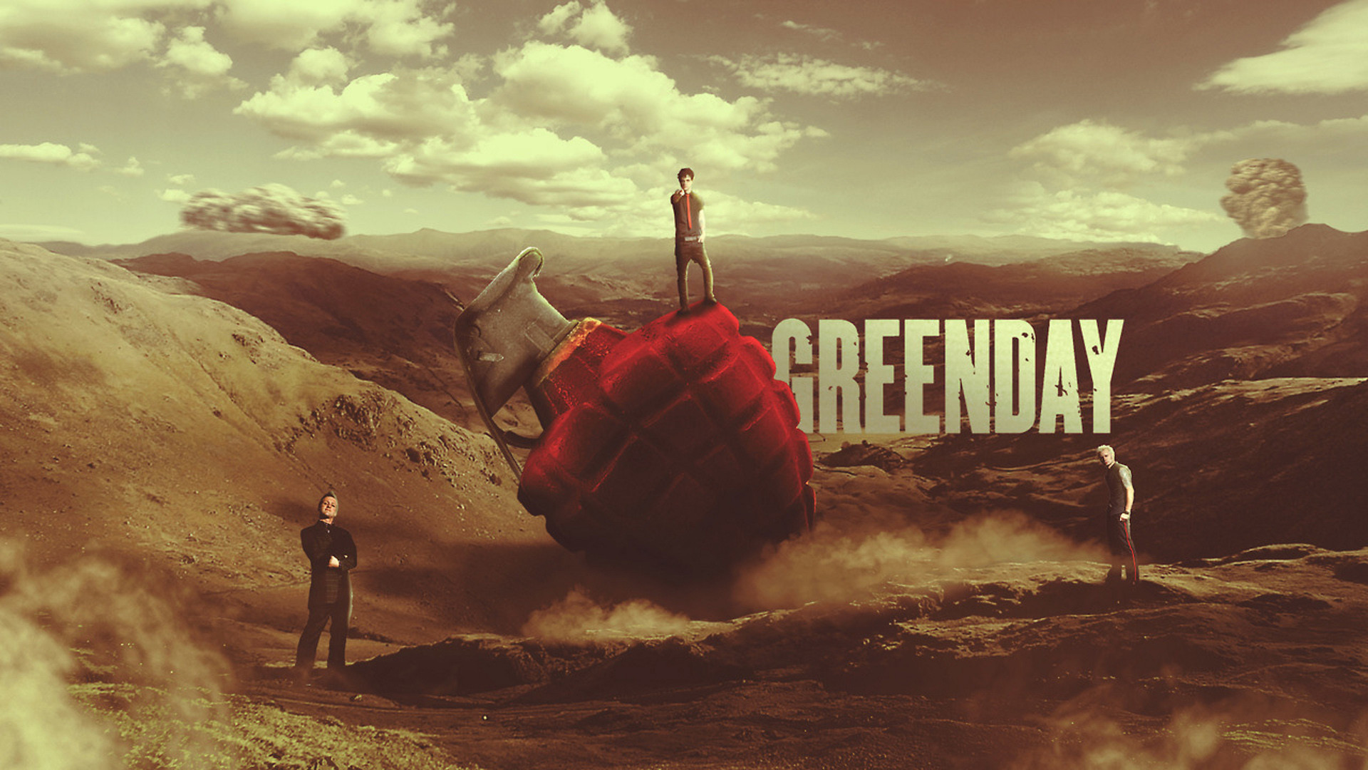 Green Day, Granata a cuore, Paesaggio surreale, Seppia, 16:9 Full HD, sfondo widescreen
