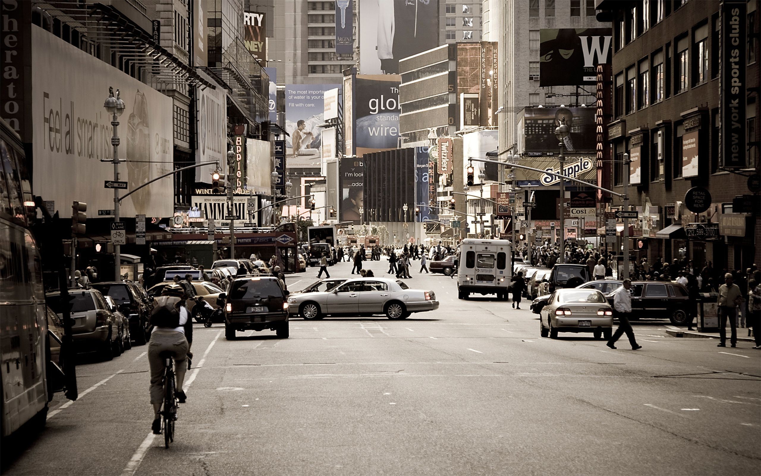 Times Square, New York, Strada, Ciclista, Toni seppia, 2K, wallpaper per portatile