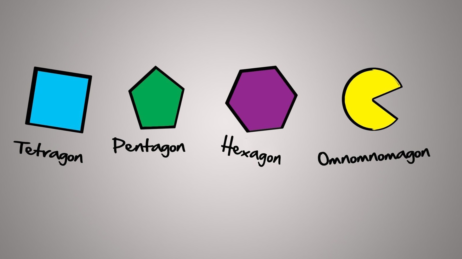 Pac-Man, Forme geometriche, Umorismo, Omnomnomagon, Sfondo grigio, wallpaper desktop Full HD