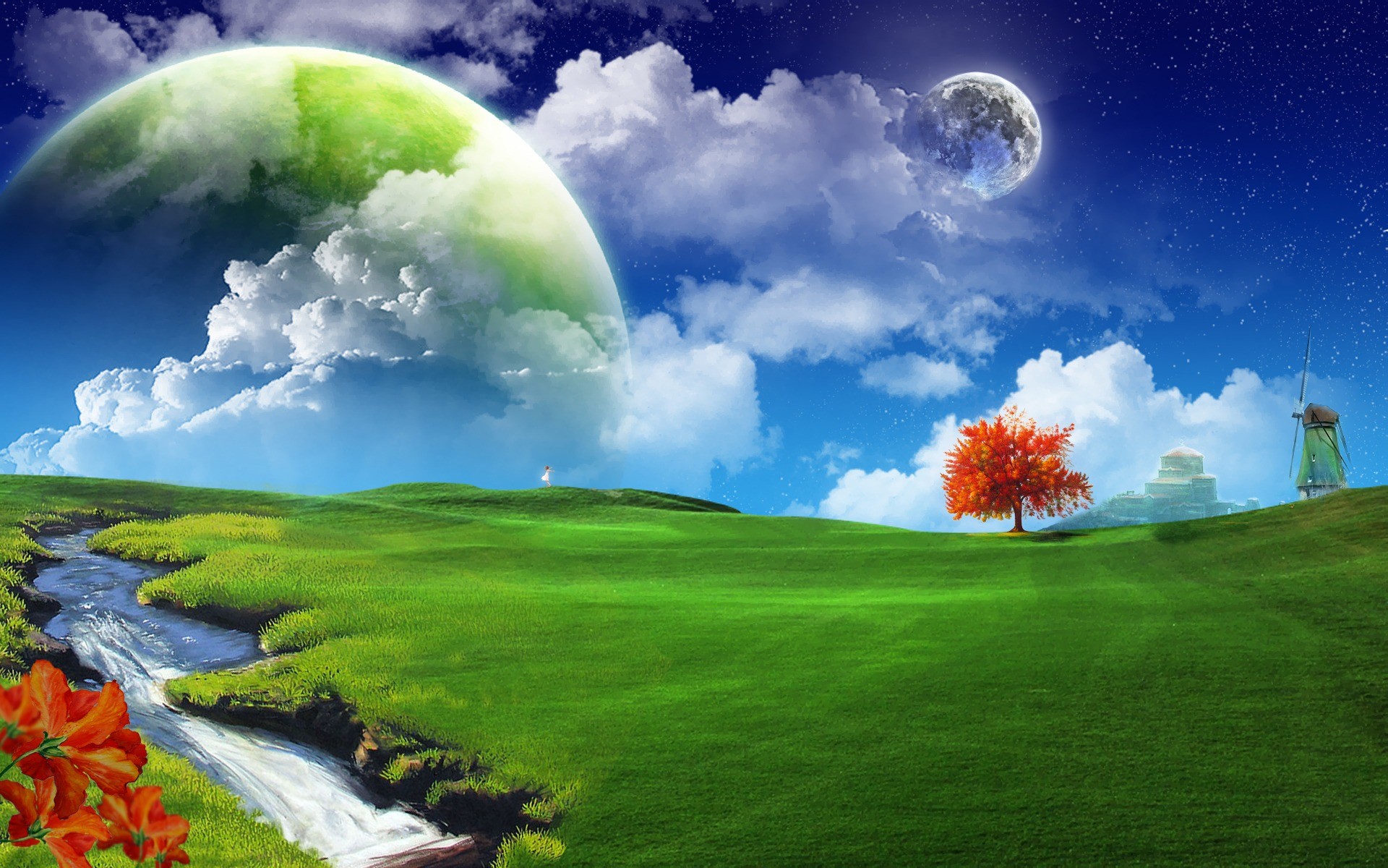 Prato verde, Pianeta, Cielo, Paesaggio fantasy, 1920x1200, immagine di sfondo