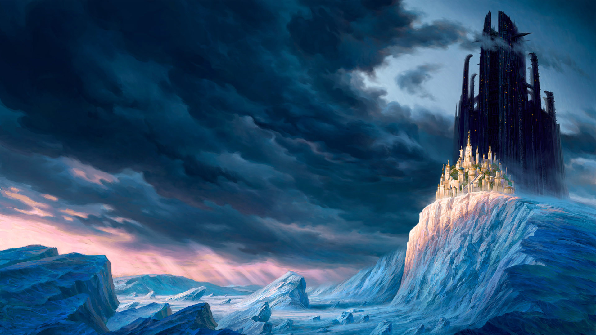 Castello, Montagna innevata, Fantasy, Nuvole, Full HD, sfondo desktop