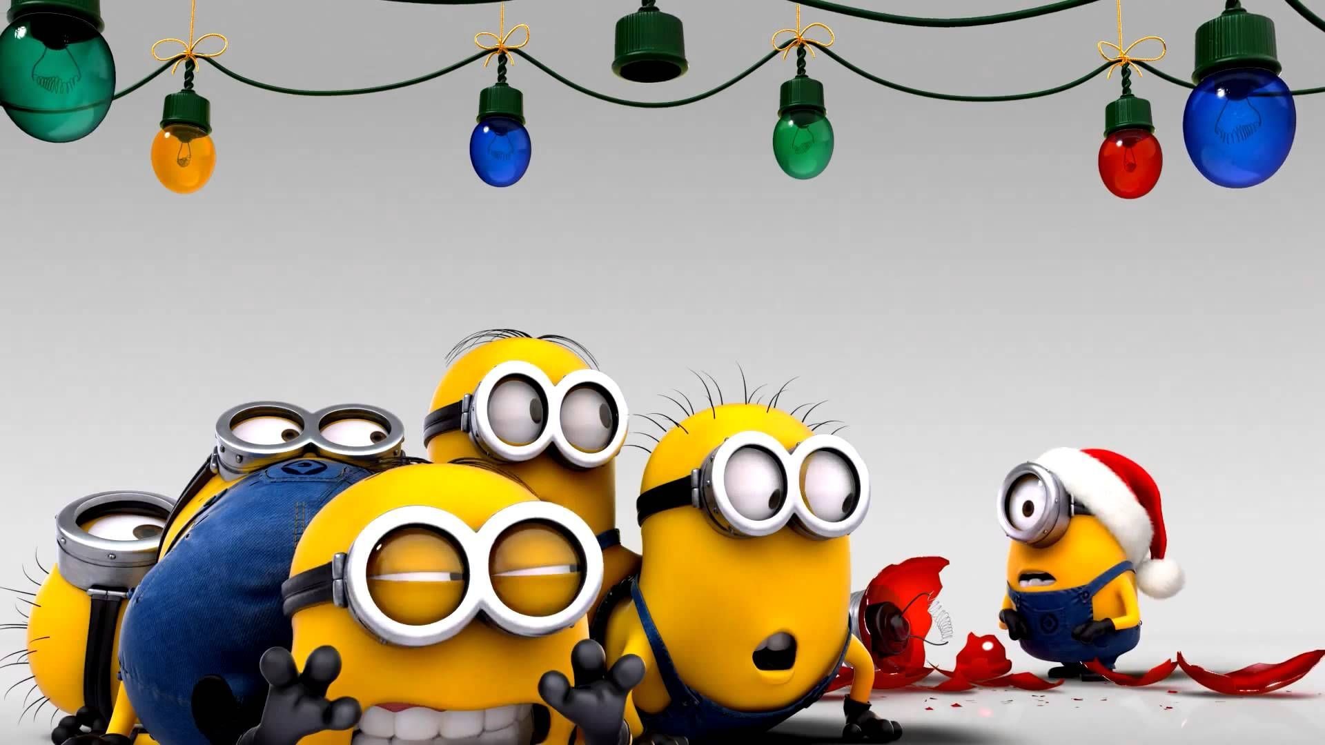 Minions, Natale, Luci natalizie, Cappello di Babbo Natale, Full HD, sfondo per portatile