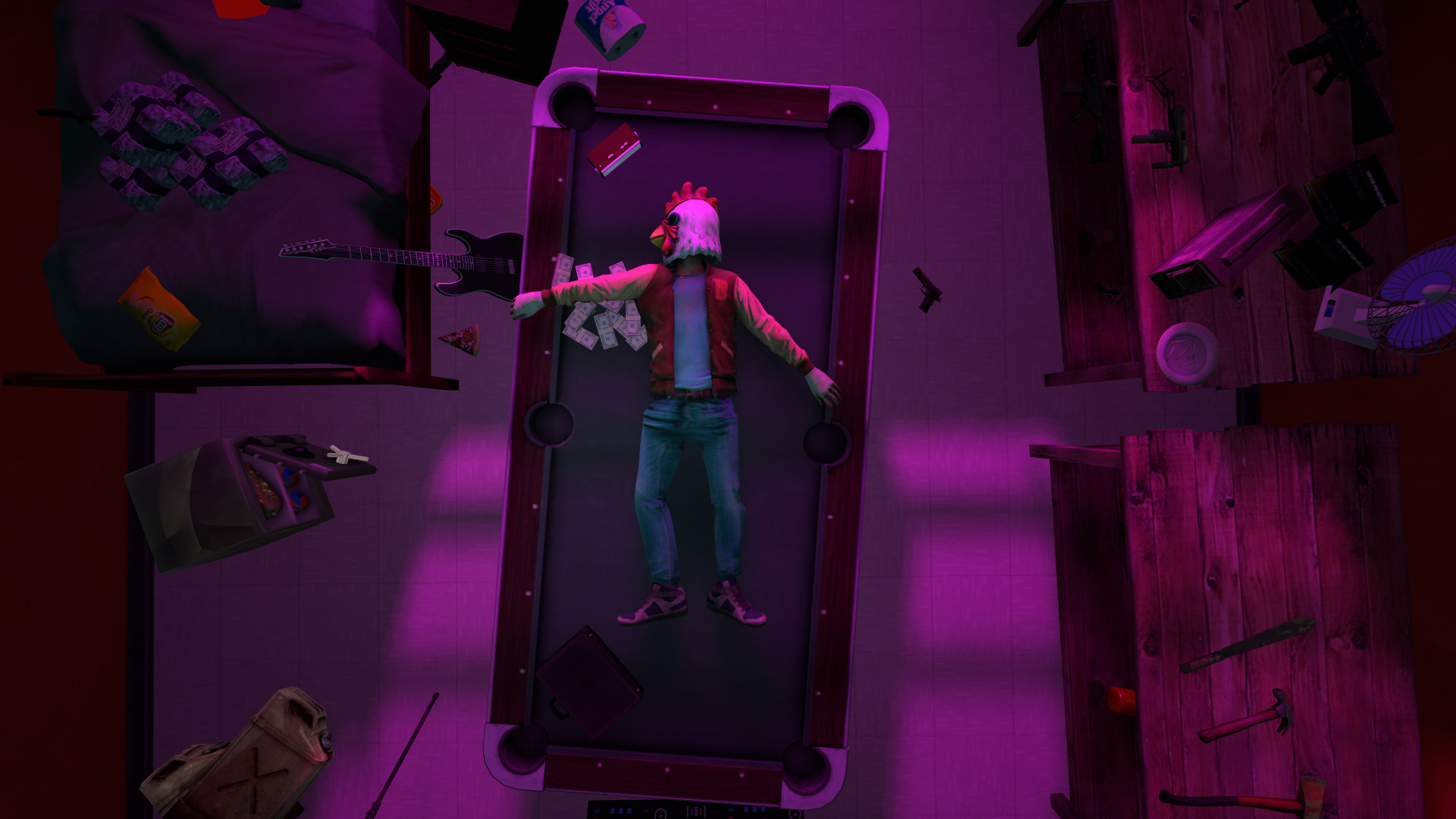 Jacket, Hotline Miami, Tavolo da biliardo, Vista dall'alto, Viola, sfondo Full HD per PC
