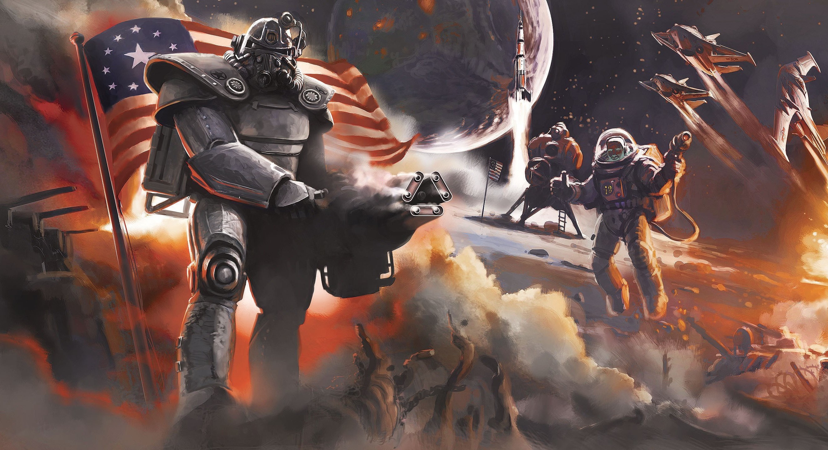 Armatura atomica, Fallout, Bandiera americana, Guerra, Illustrazione, sfondo desktop 2K